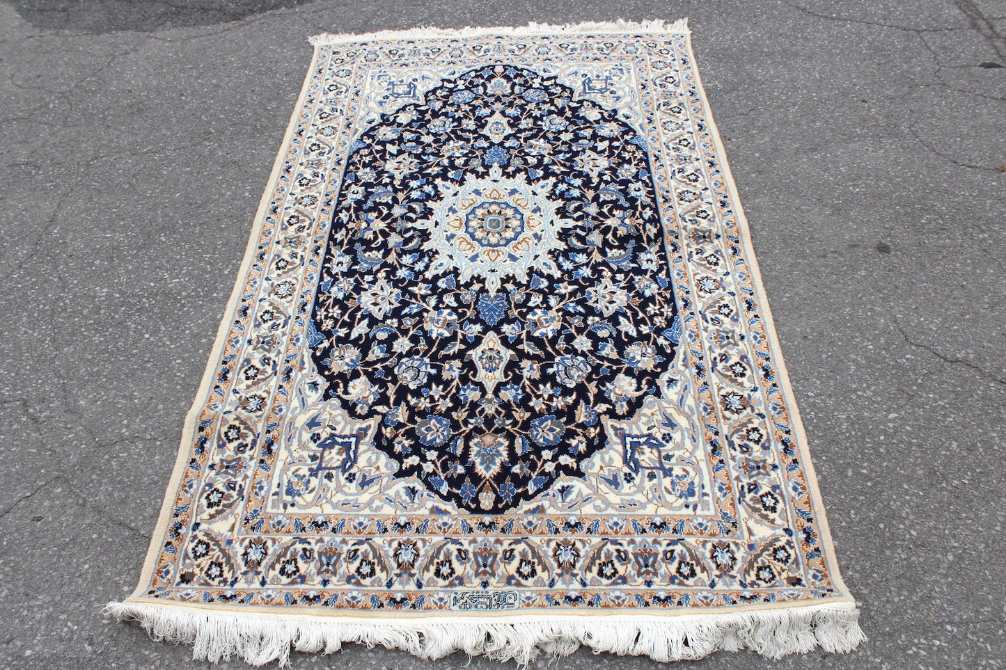 Antique Persian Blue 4x6 Medallion Rug | Traditional Oriental Design | Thick Wool Pile With Blue and Beige Details | Hand Knotted