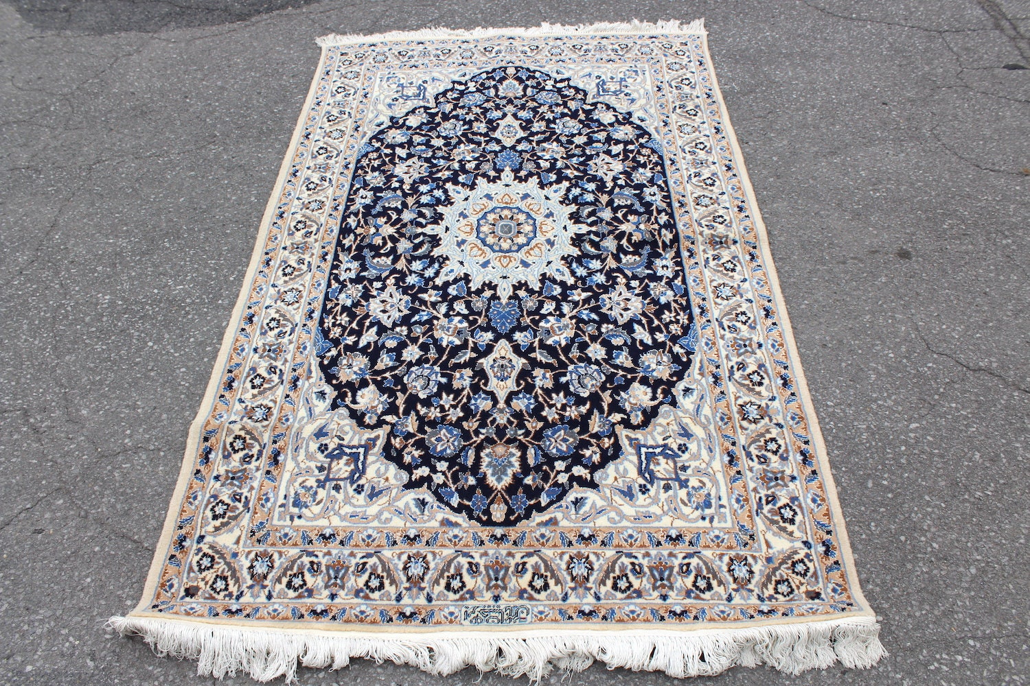 Antique Persian Blue 4x6 Medallion Rug | Traditional Oriental Design | Thick Wool Pile With Blue and Beige Details | Hand Knotted
