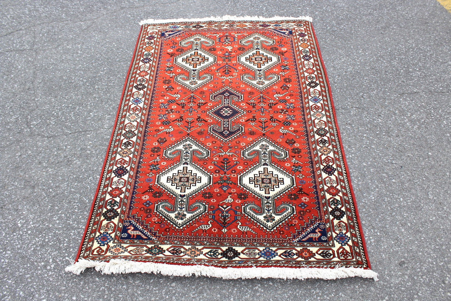 Red Turkish Rug | Bohemian Tribal Rug | 3 x 5 Ft Rug | Wool Rug | Geometric Design Rug | Vintage One of a Kind