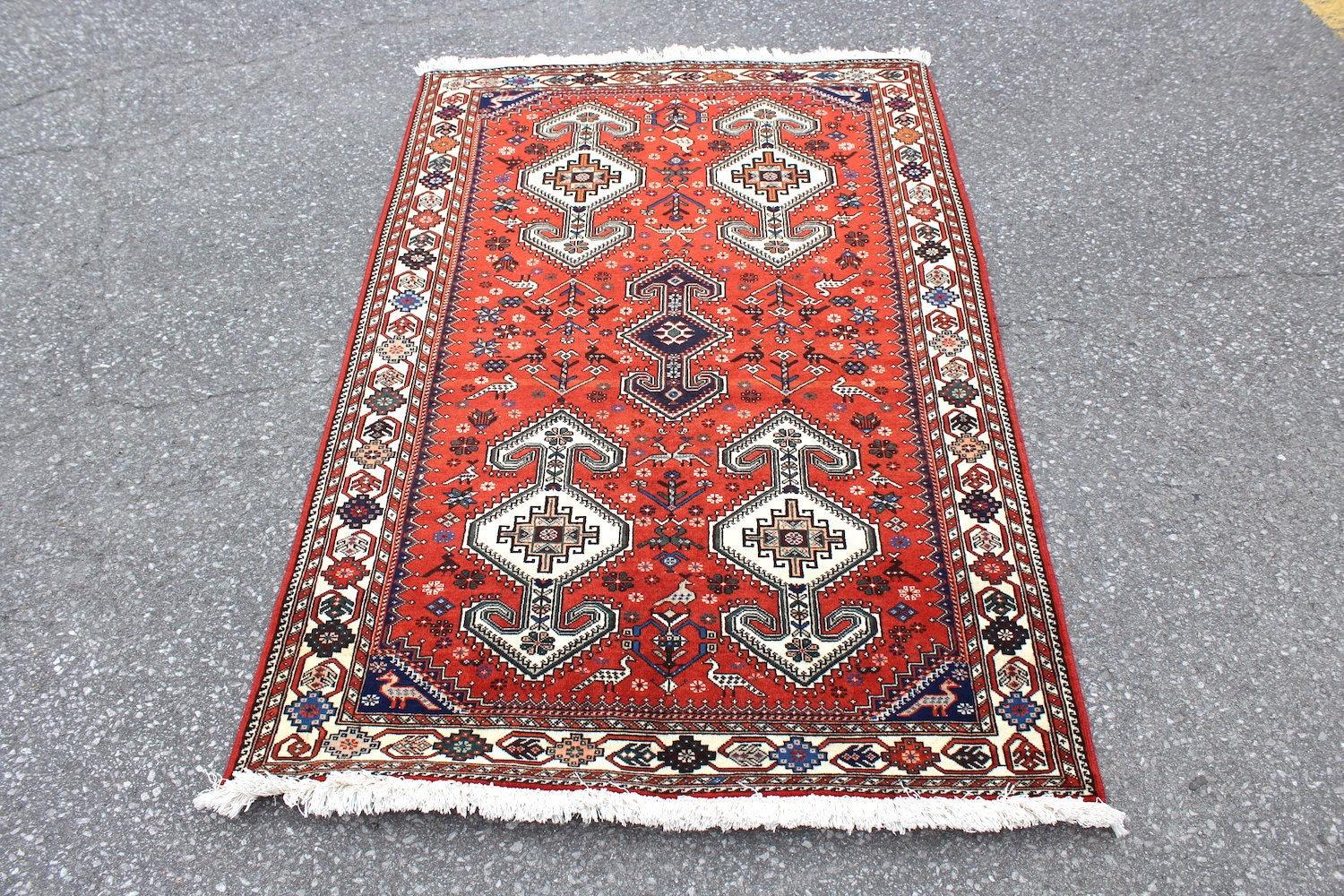 Red Turkish Rug | Bohemian Tribal Rug | 3 x 5 Ft Rug | Wool Rug | Geometric Design Rug | Vintage One of a Kind