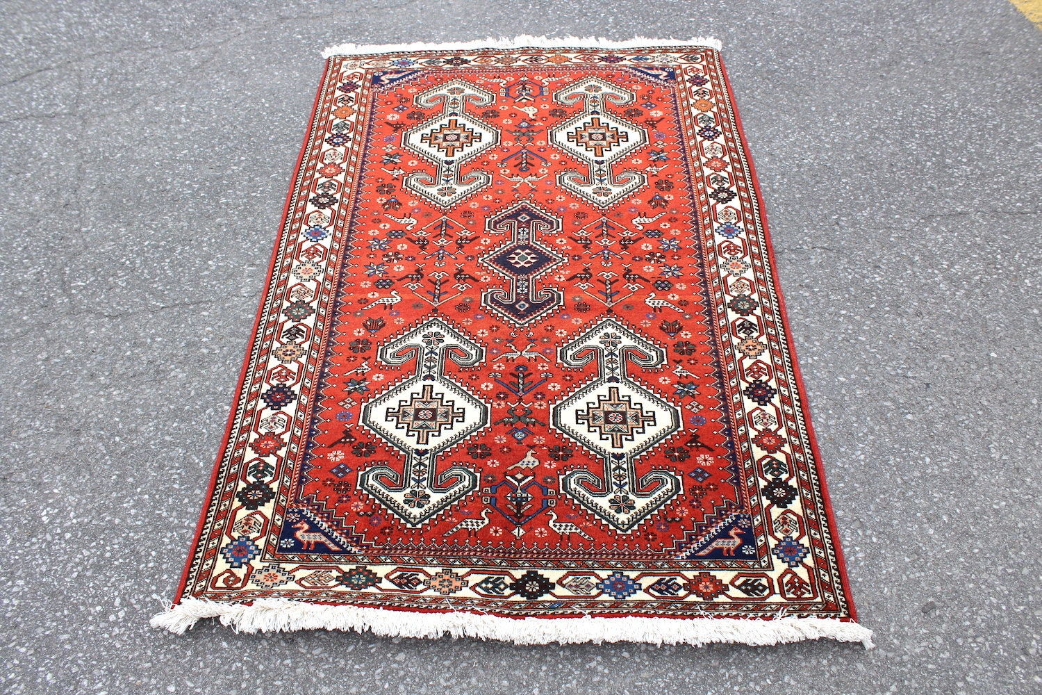 Red Turkish Rug | Bohemian Tribal Rug | 3 x 5 Ft Rug | Wool Rug | Geometric Design Rug | Vintage One of a Kind