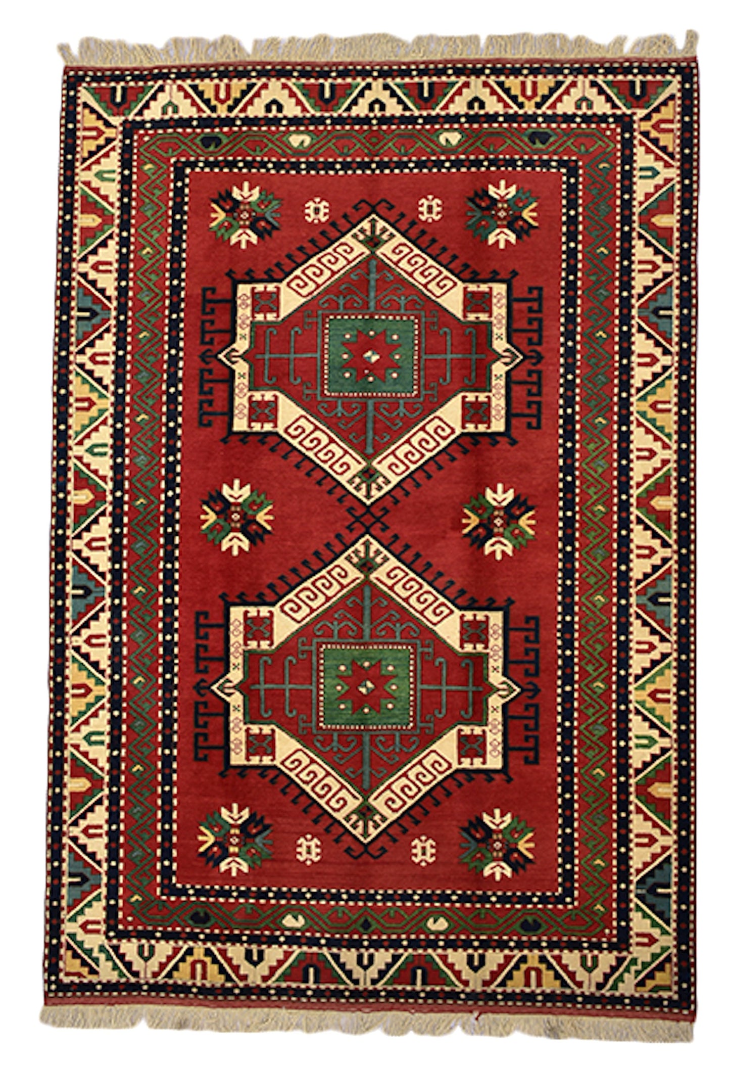 Red Southwestern 6x9 Turkish Kazak Rug | Geometric Tribal Design | Bright Red with Beige Green Medallions | Hand Knotted Antique Wool Rug