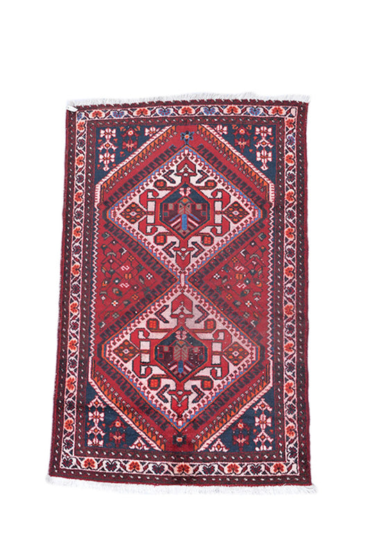 Red Pink Navy Antique 4x6 Handmade Rug | Accent Bold Finely Knotted Rug | Double Geometric Medallion | Oriental Persian Style