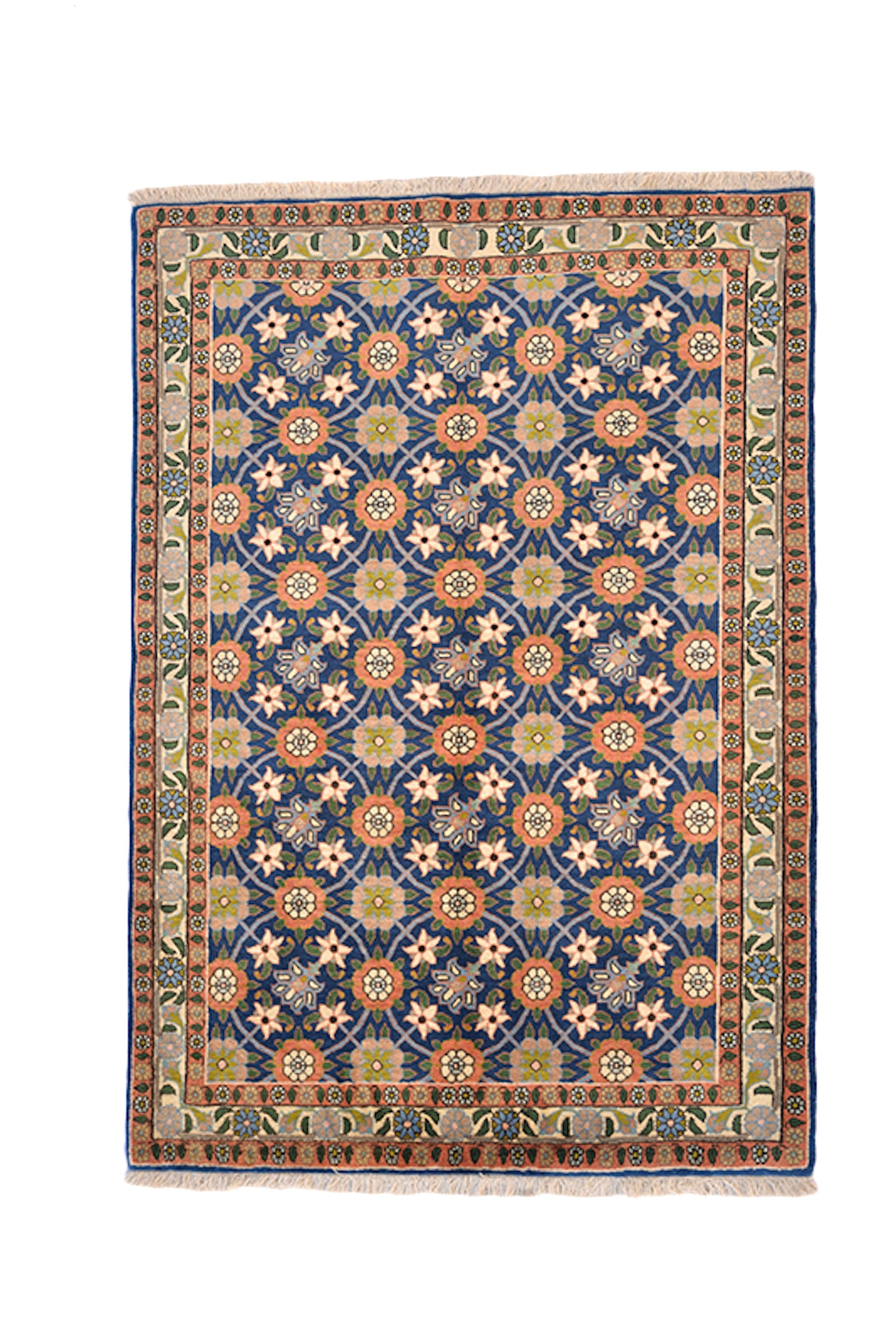 Navy Blue Antique 4 x 5 Area Rug | Geometric Floral Pattern with Border | Wool Hand Knotted Dark Kitchen Rug