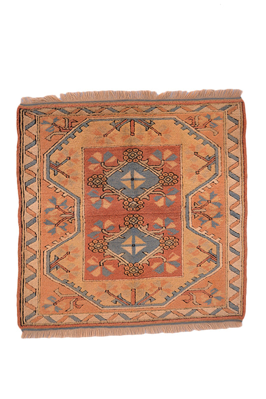 3x3 Light Orange Teal Tribal Area Rug | One of a kind Thick Pile Vintage Shiny Rug | Accent Home Decor Rustic Style
