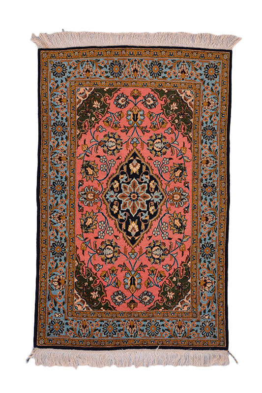 3 x 4 Antique Coral Pink and Blue Rug | Luxury One of a Kind Oriental Medallion Rug | Bright Colored Unique Rug made with Wool