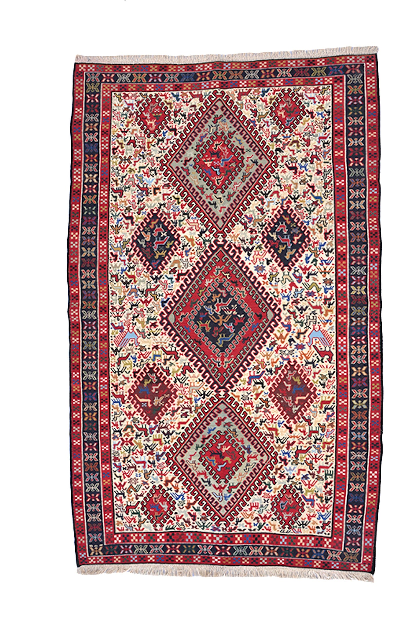 4 x 6 Kilim Flatweave Vintage Area Rug | Turkish Colorful Hand Woven Area Rug with Diamond Pattern and Bright Red Accent Color