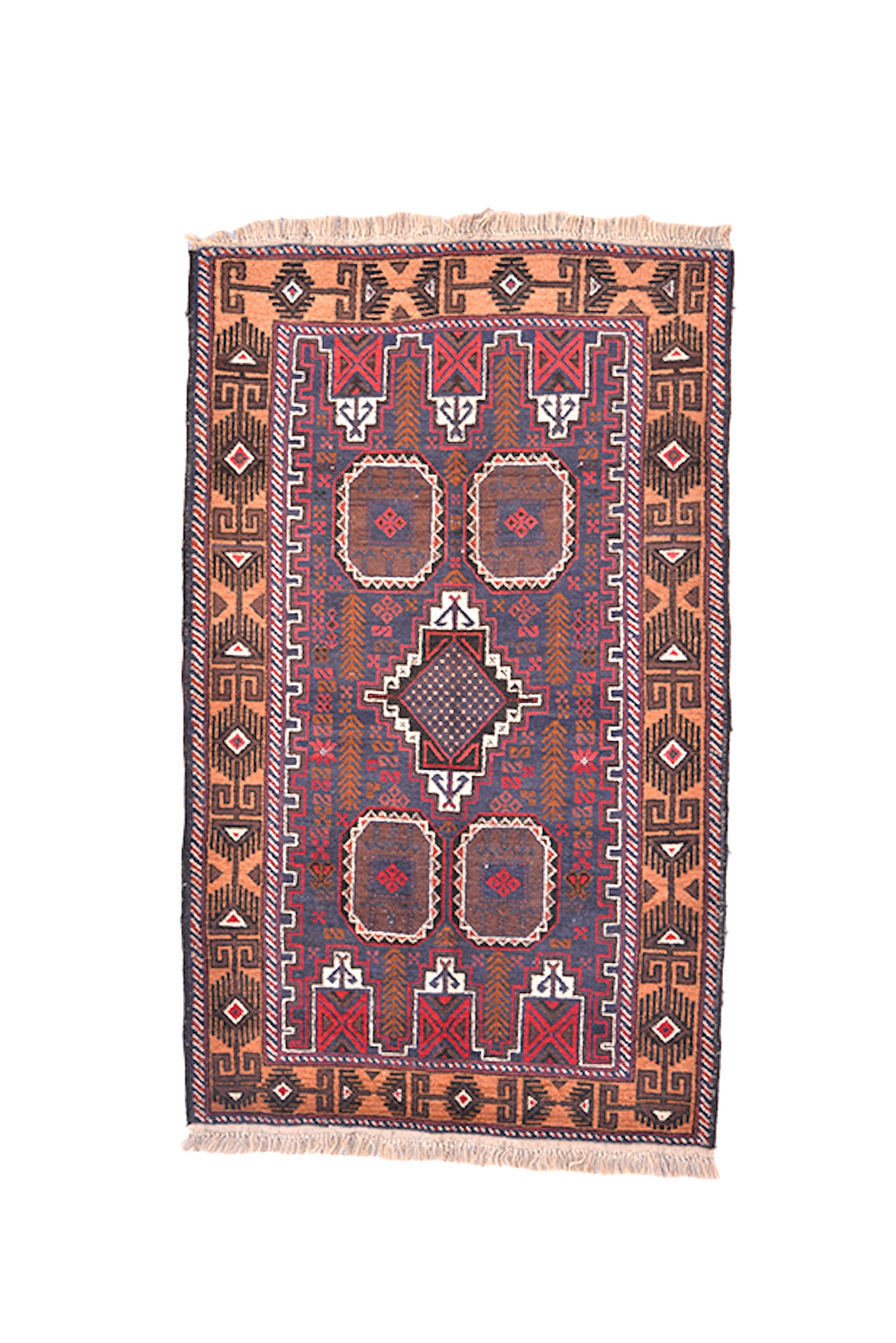 3 x 5 Dark Vintage Rug with Red Navy Geometric Background and Orange Navy Tribal Border | Wool Soft Low Pile Rustic Home Rug