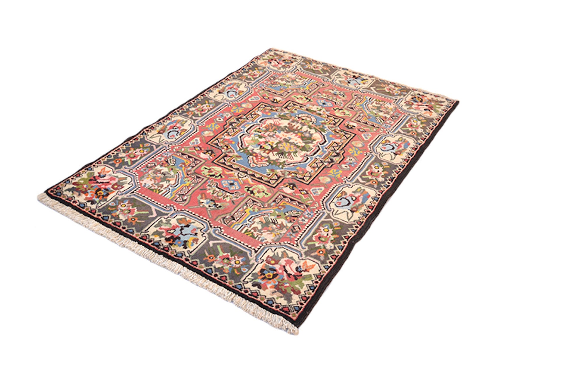 Vintage Floral Rug 4x5 Pink and Brown | Colorful Antique Caucasian Rug | Oriental Border with Accents of Blue