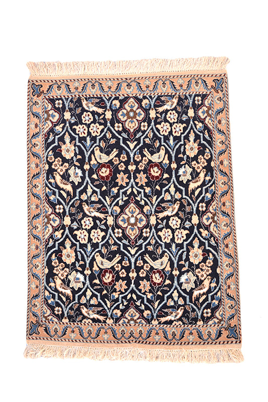 Navy Floral Area Rug 3x4 | Handmade Persian Style Rug with Light Coral Border | Hand Knotted with Soft Wool