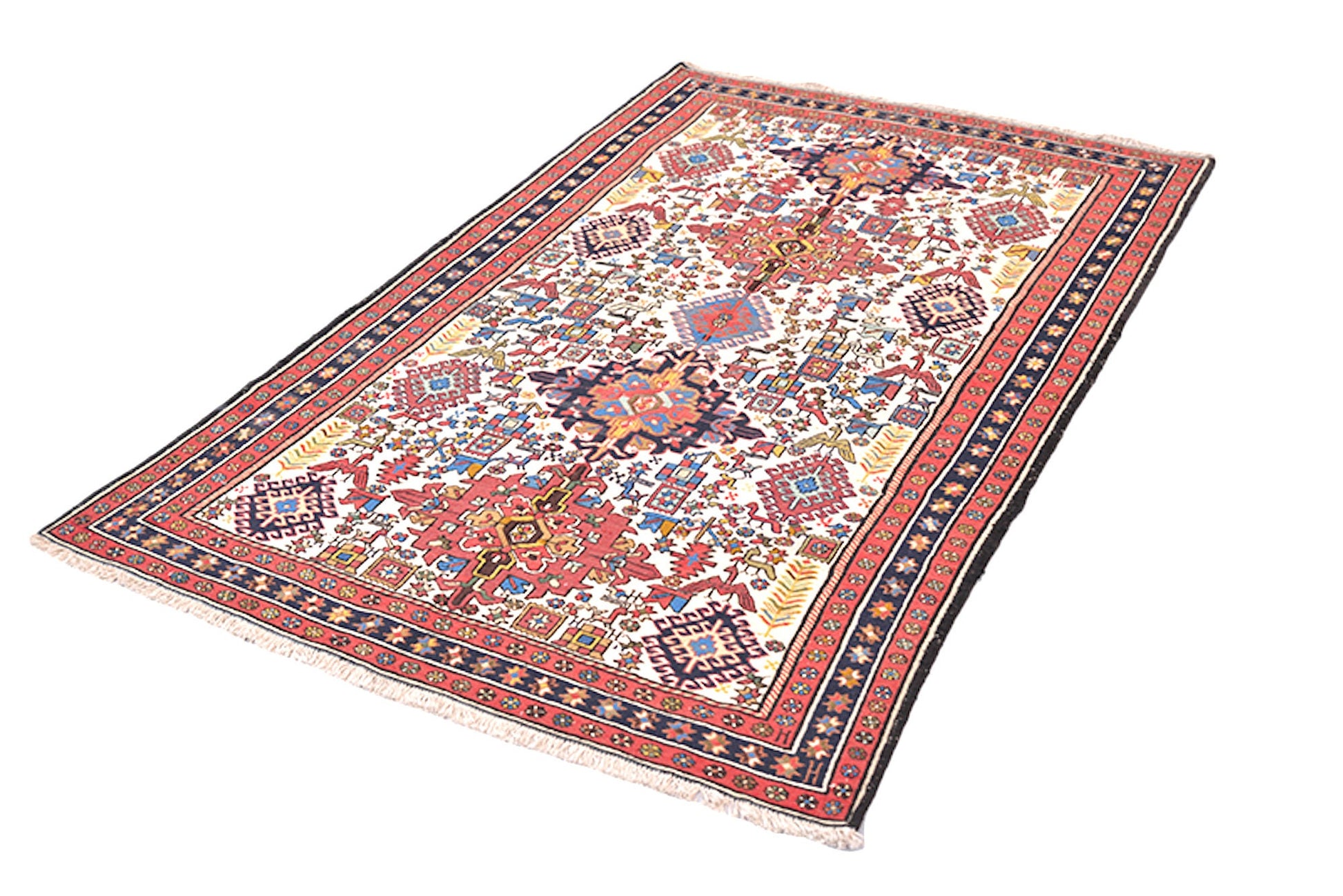 4 x 6 Feet Orange Blue Turkish Caucasian Rug | Hand Woven Area Rug | Oriental Persian Rug | Living Room Rug | Accent Geometric Pattern Rug