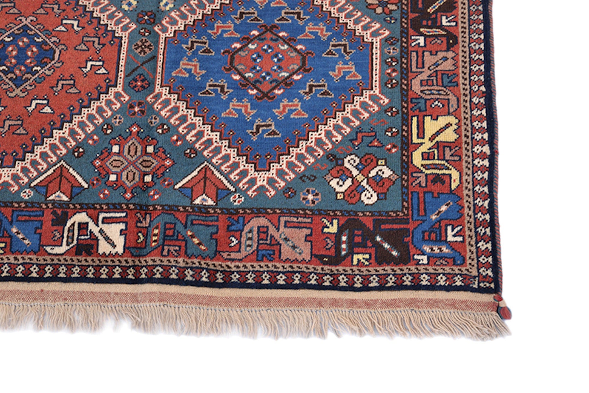 Rustic Tribal 3x5 Vintage Hand Knotted Pink and Blue Rug | Diamond Pattern with Oriental Details | Navy Border made of Wool
