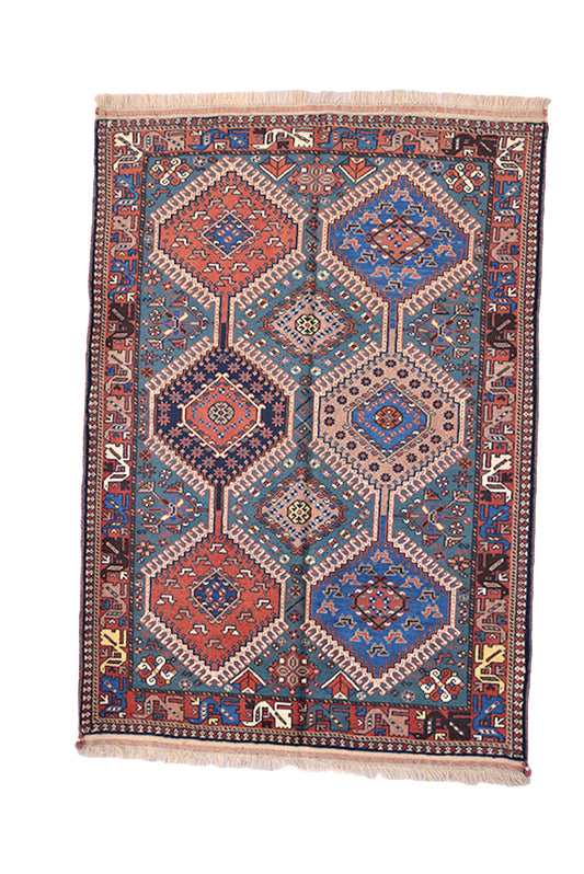 Rustic Tribal 3x5 Vintage Hand Knotted Pink and Blue Rug | Diamond Pattern with Oriental Details | Navy Border made of Wool