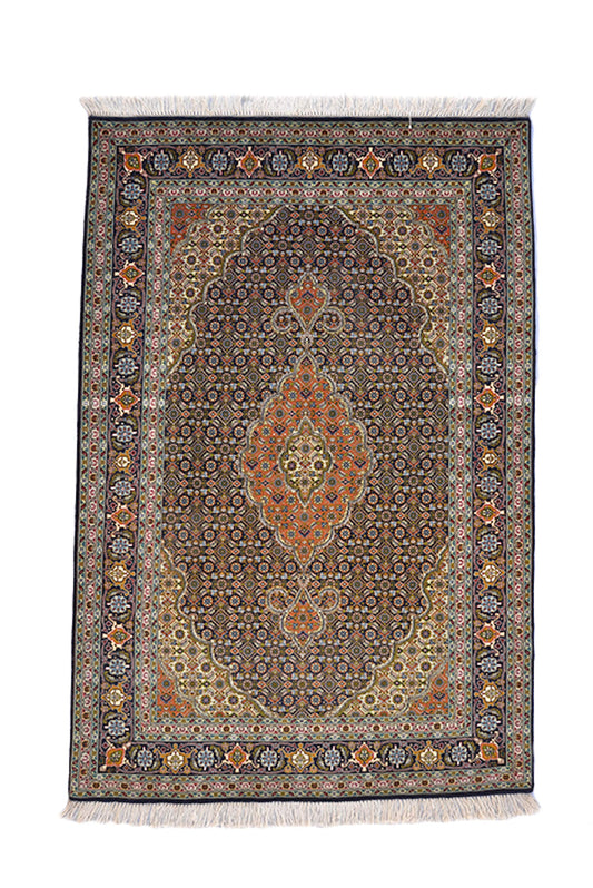Luxury Fine Black Yellow 3x5 Vintage Handmade Rug with Oriental Orange Medallion Wool