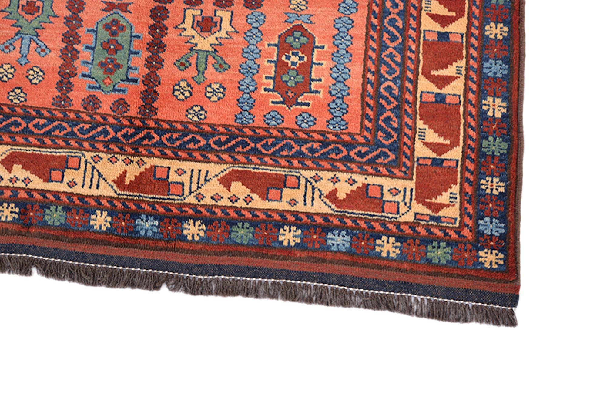 6 x 6 Coral Orange Red Handmade Rug | Square Turkish Caucasian Tribal | Living Room Accent Geometric Pattern Wool Rug