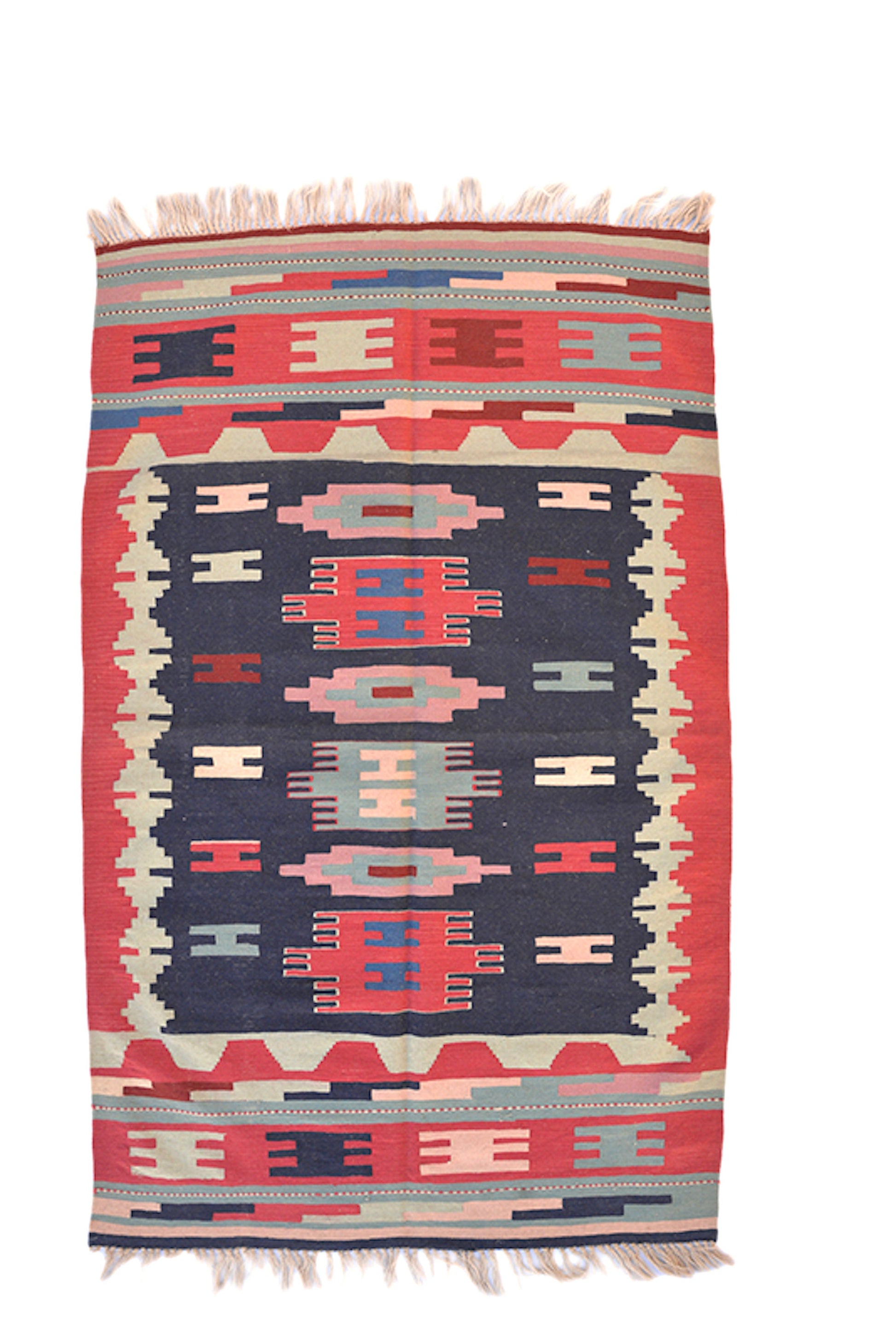 4 x 6 Turkish Kilim | Navy & Fuschia Red | Hand Woven Area Rug | Accent Tribal Geometric Wool Flatweave Rug