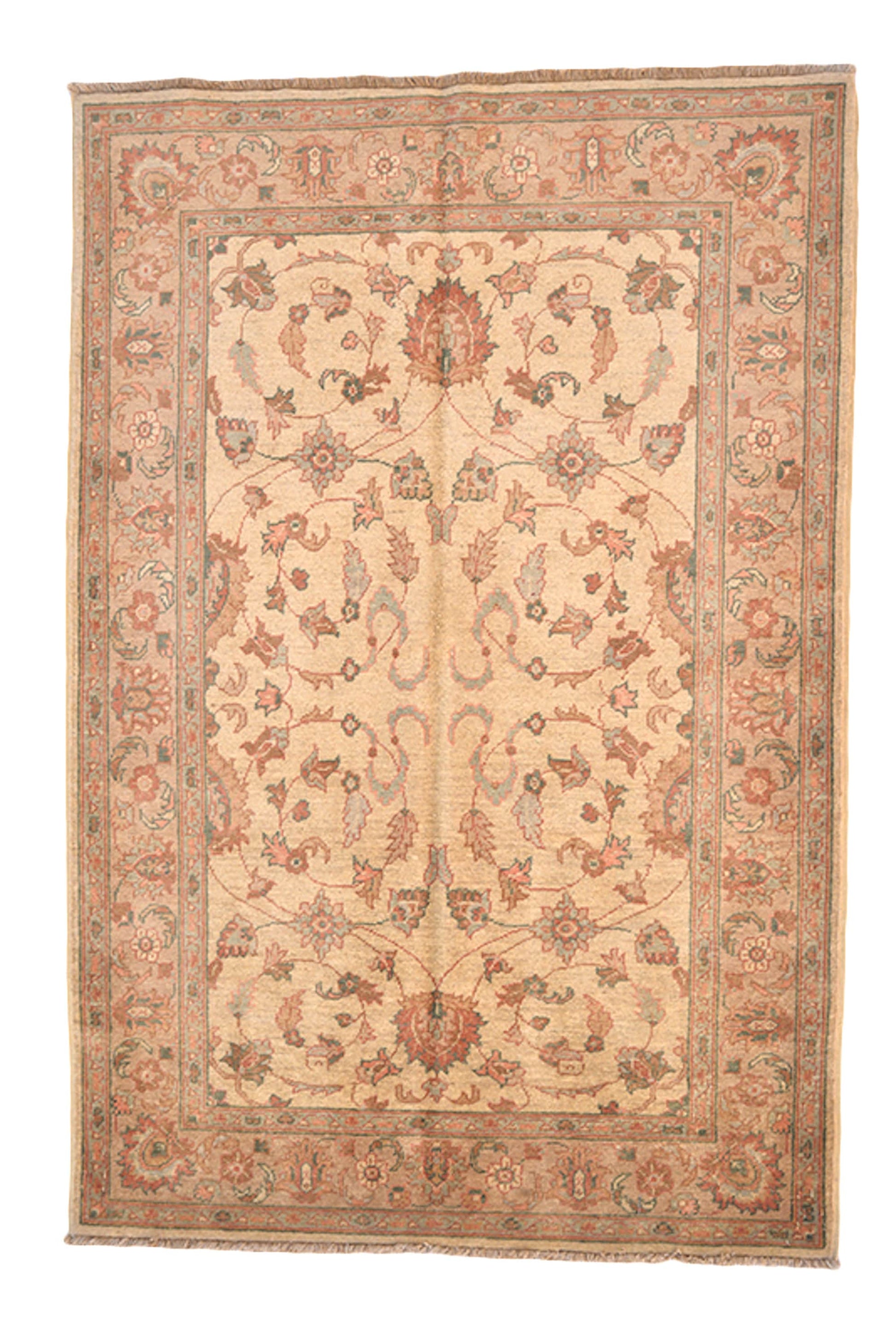 4 x 6 Beige Antique Rug | Farmhouse Style Entryway or Kitchen Area Rug with Floral Border and Light Colored Designs | Wool Handmade