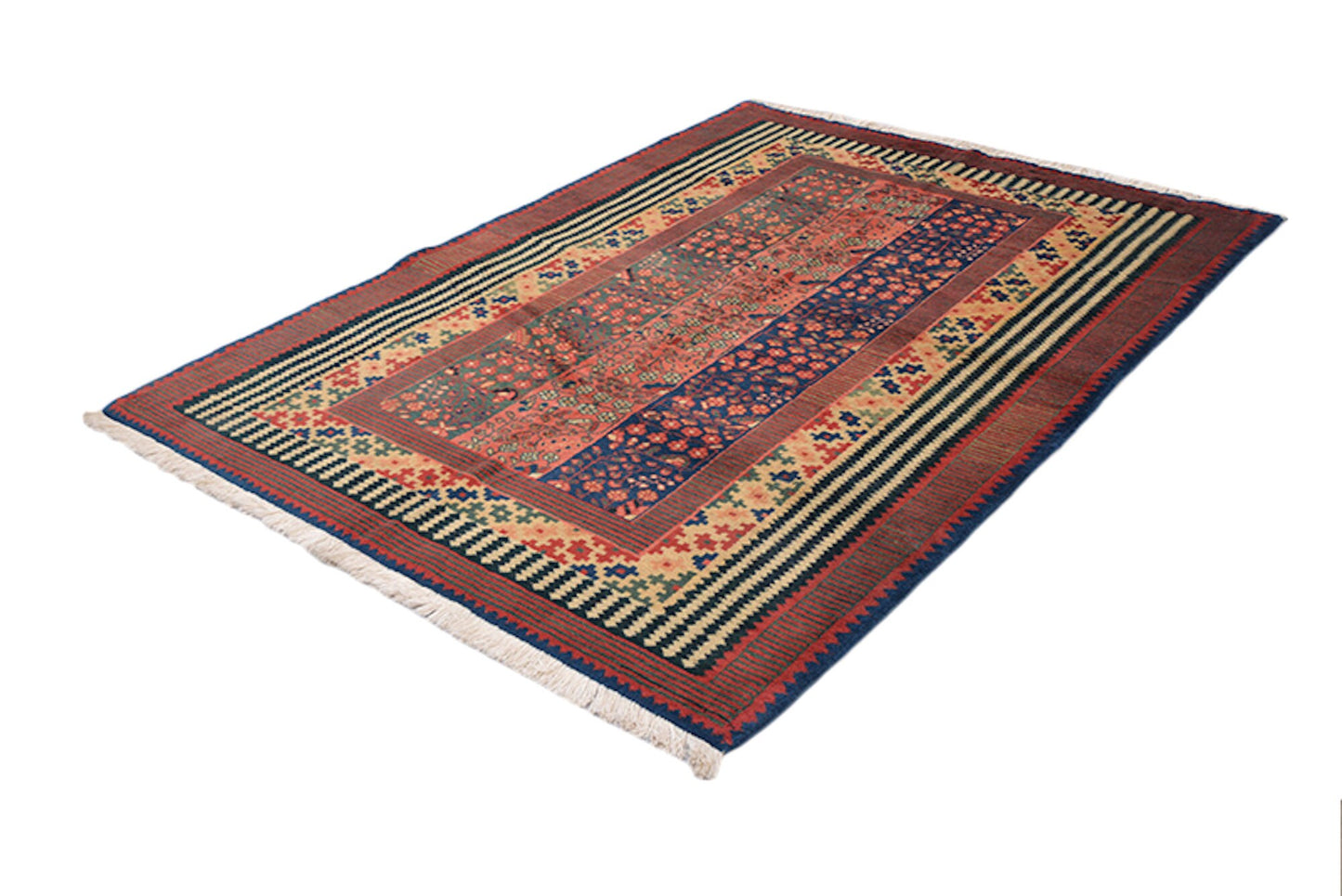 Vintage Colorful 5x7 Area Rug With Lined Pattern Tribal and Geometric Designs | Hand Knotted Wool Antique Rug