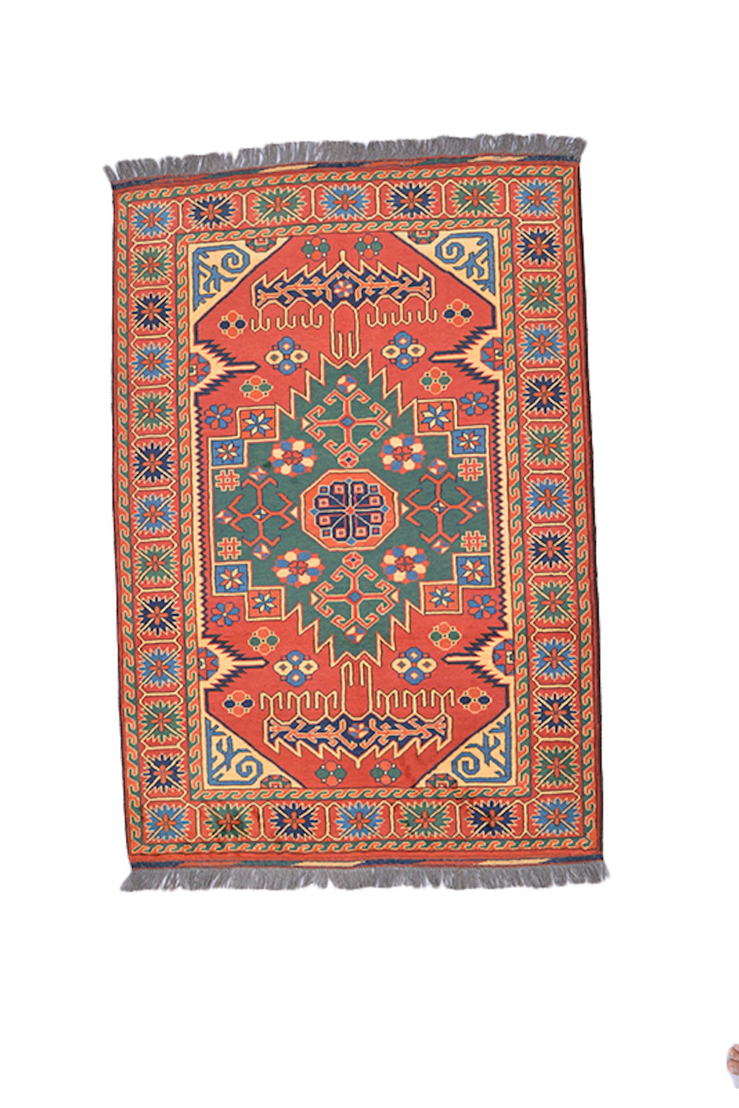One of a kind Orange Green Antique Rug | 4 x 6 Persian Caucasian Rug | Living Room Rug | Accent Hand Woven Wool Rug | Oriental Geometric Rug