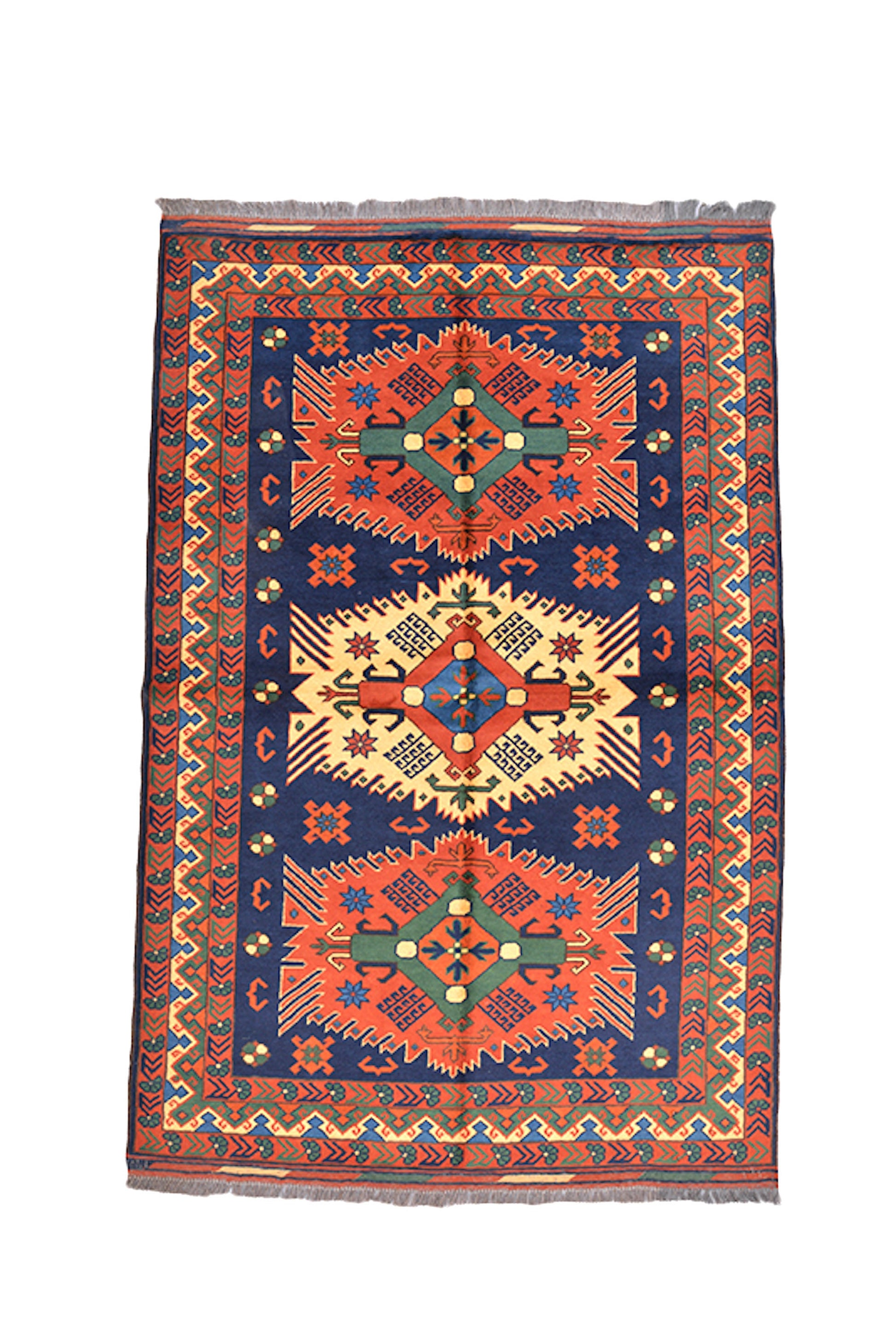 One of a kind Orange Blue Antique Rug | 4 x 6 Turkish Caucasian Rug | Living Room Rug | Accent Hand Knotted Wool Rug | Geometric Pattern