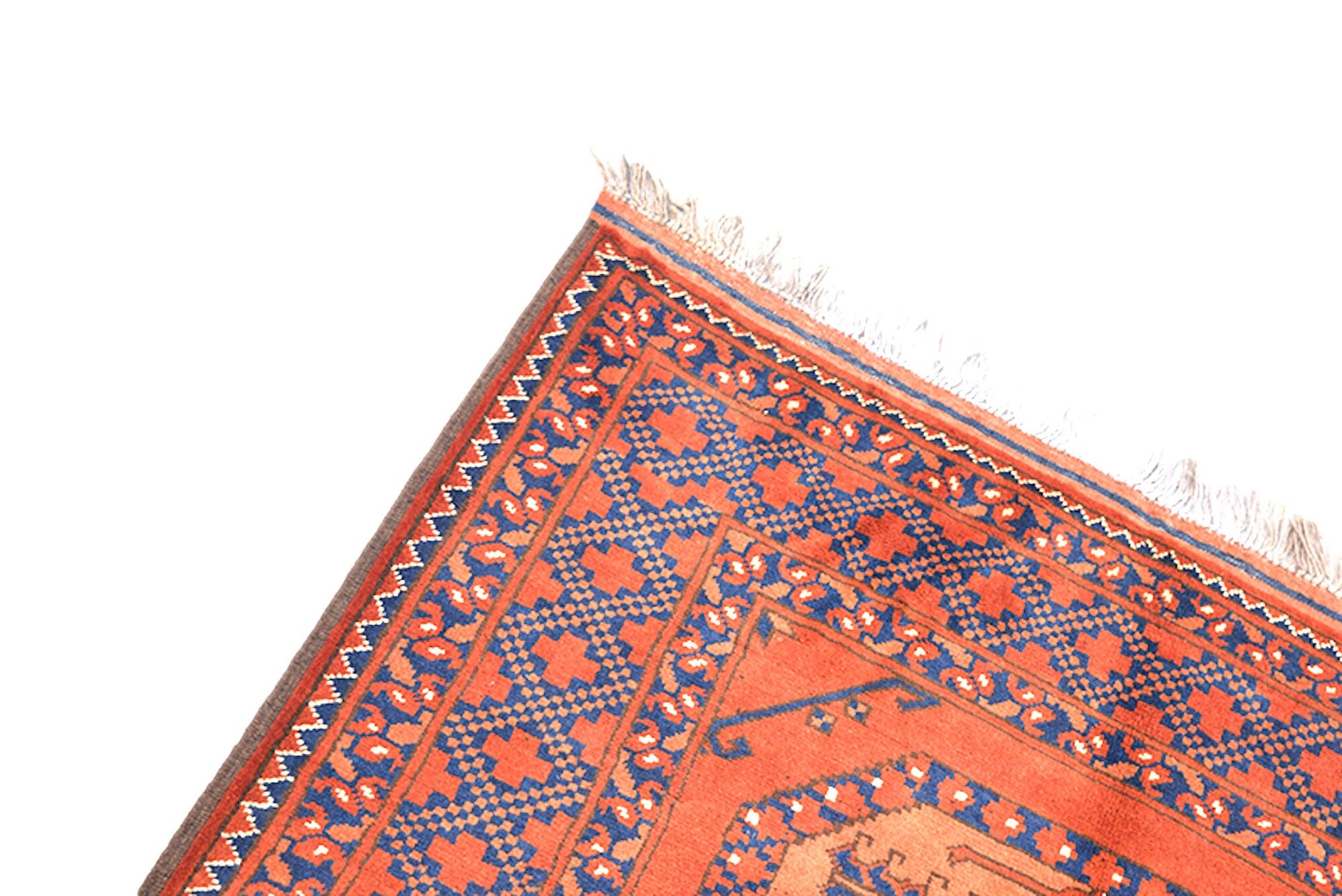 Rusty Orange Blue Small Persian Afghan Oriental Rug | Accent Home Geometric Rug | Bright Orange | Hand Woven Wool Antique Rug