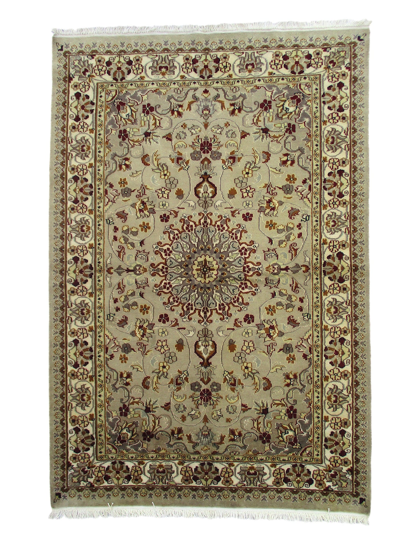Beige Grey 4x6 Oriental Hand Knotted Rug | Medallion Rug with Red Beige Accents | Wool Antique Floor Decor Rug