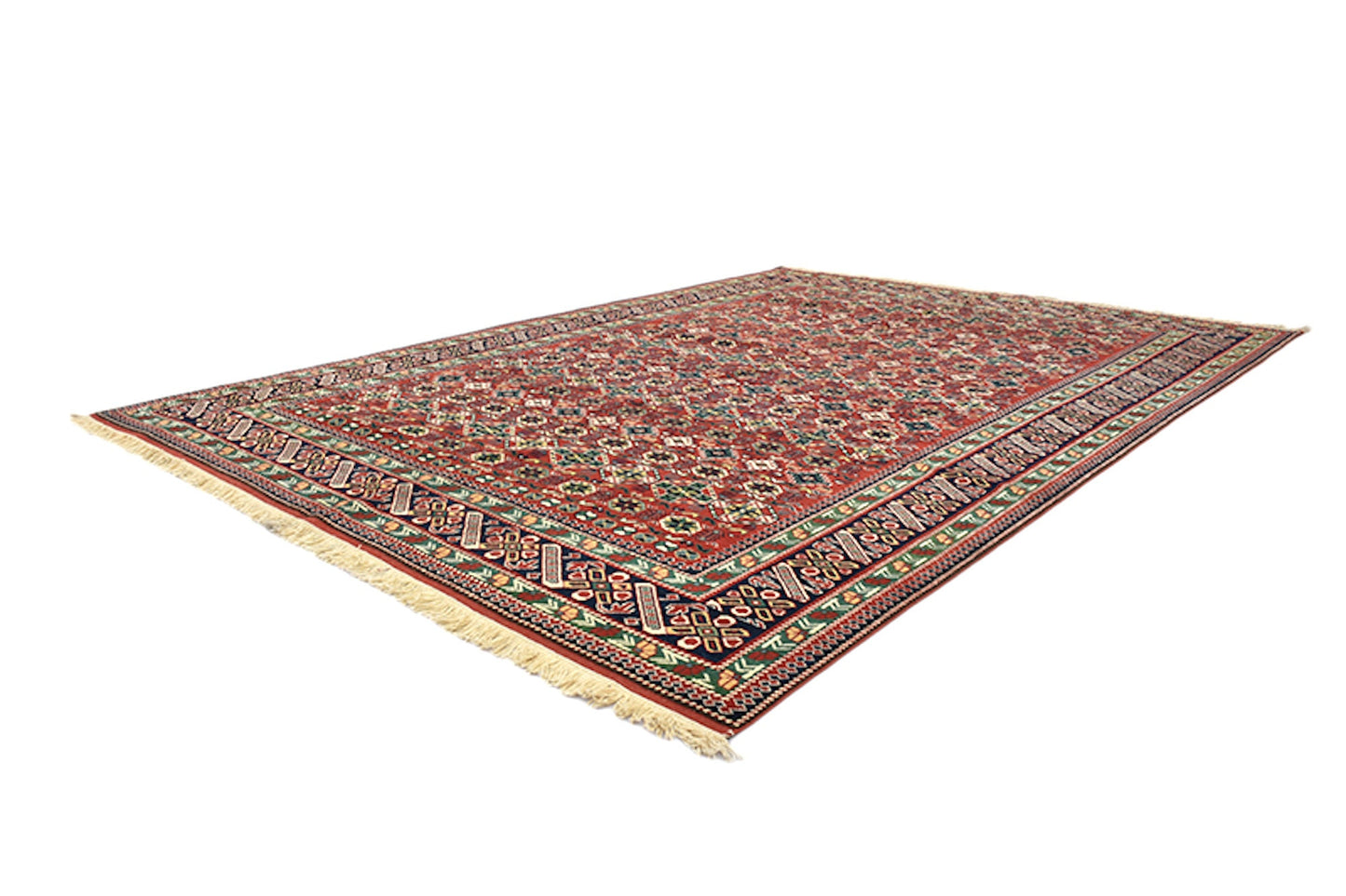 7 x 10 Red Large Turkish Vintage Rug | Handmade Area Rug | Oriental Rug with Black & Green Floral Pattern | Living Room Geometric Wool