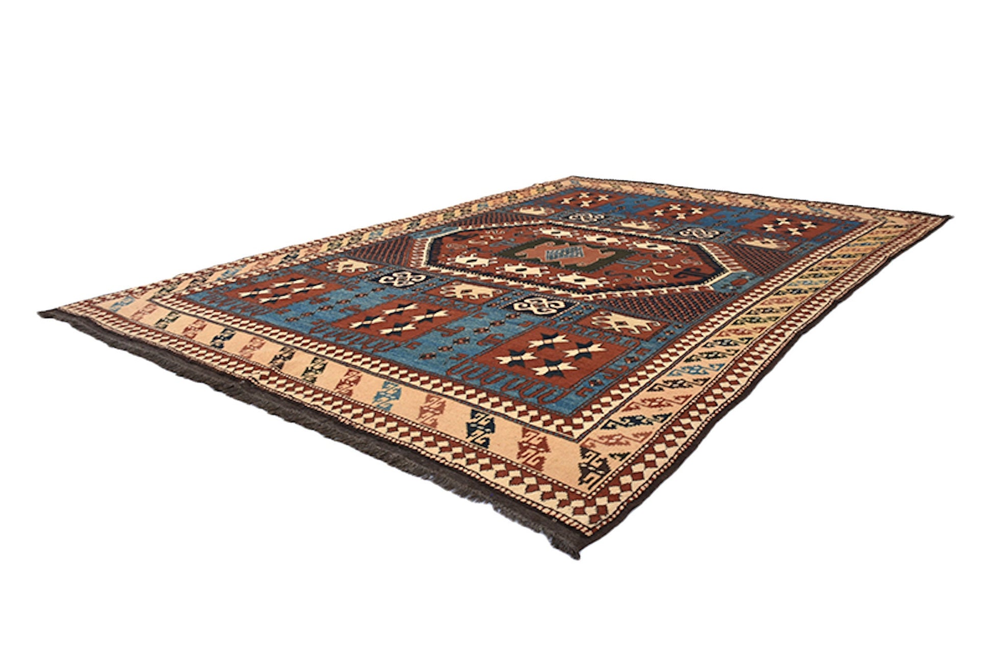 6 x 9 Brown Blue Rustic Area Rug | Handmade Tribal Rug with Teal Blue and Orange Pattern | Hand Woven Antique Rug