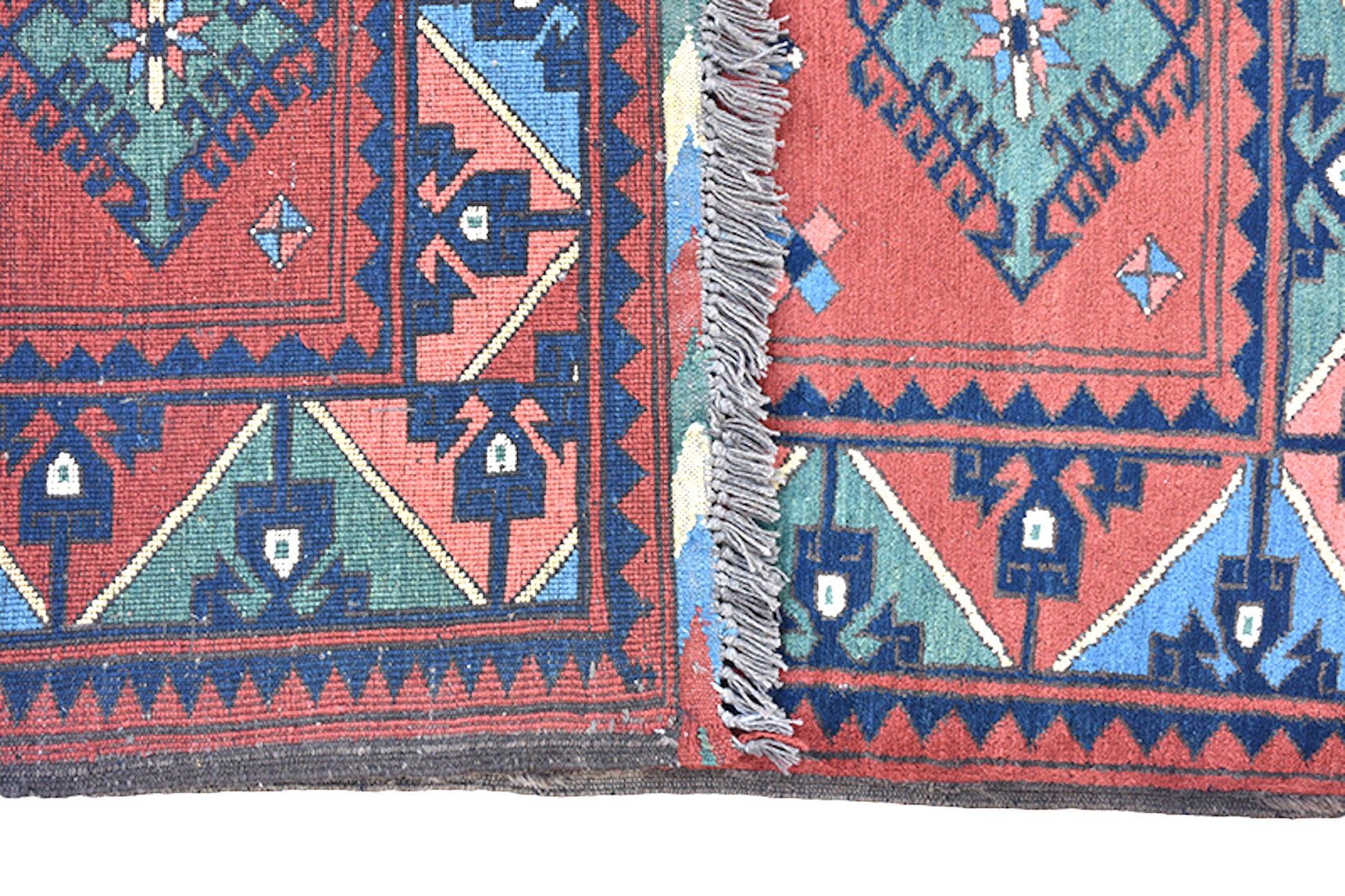 Square Red Green Turkish Area Rug | 5 x 5 Dark Colored Handmade Area Rug | Geometric Tribal Patterns | Flatweave Low Pile Rug | Wool Rugl