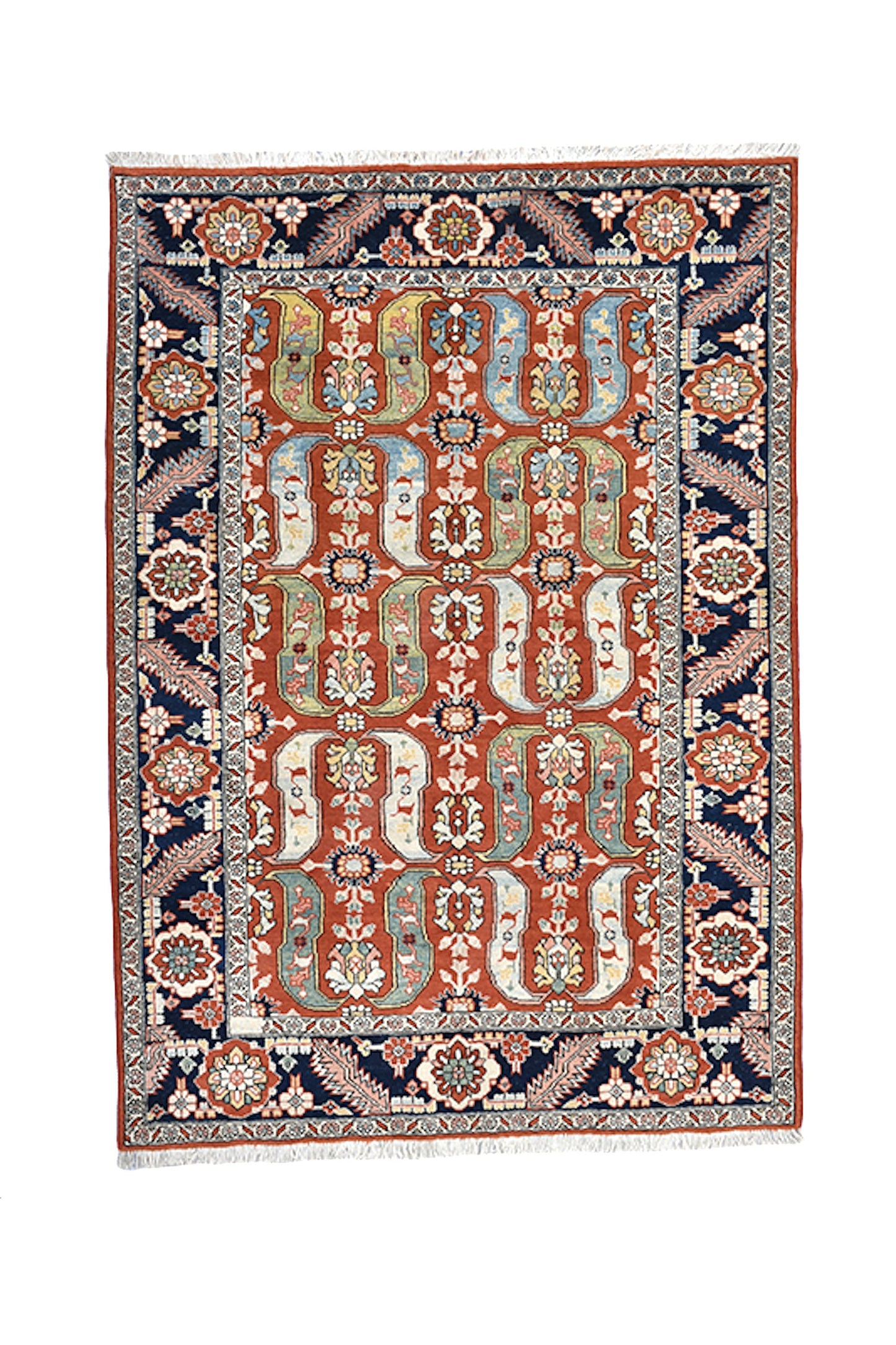 Orange Blue Oriental 6x8 Antique Rug | Accent One of a Kind Living Room Rug with Persian Motifs and Navy Blue Border