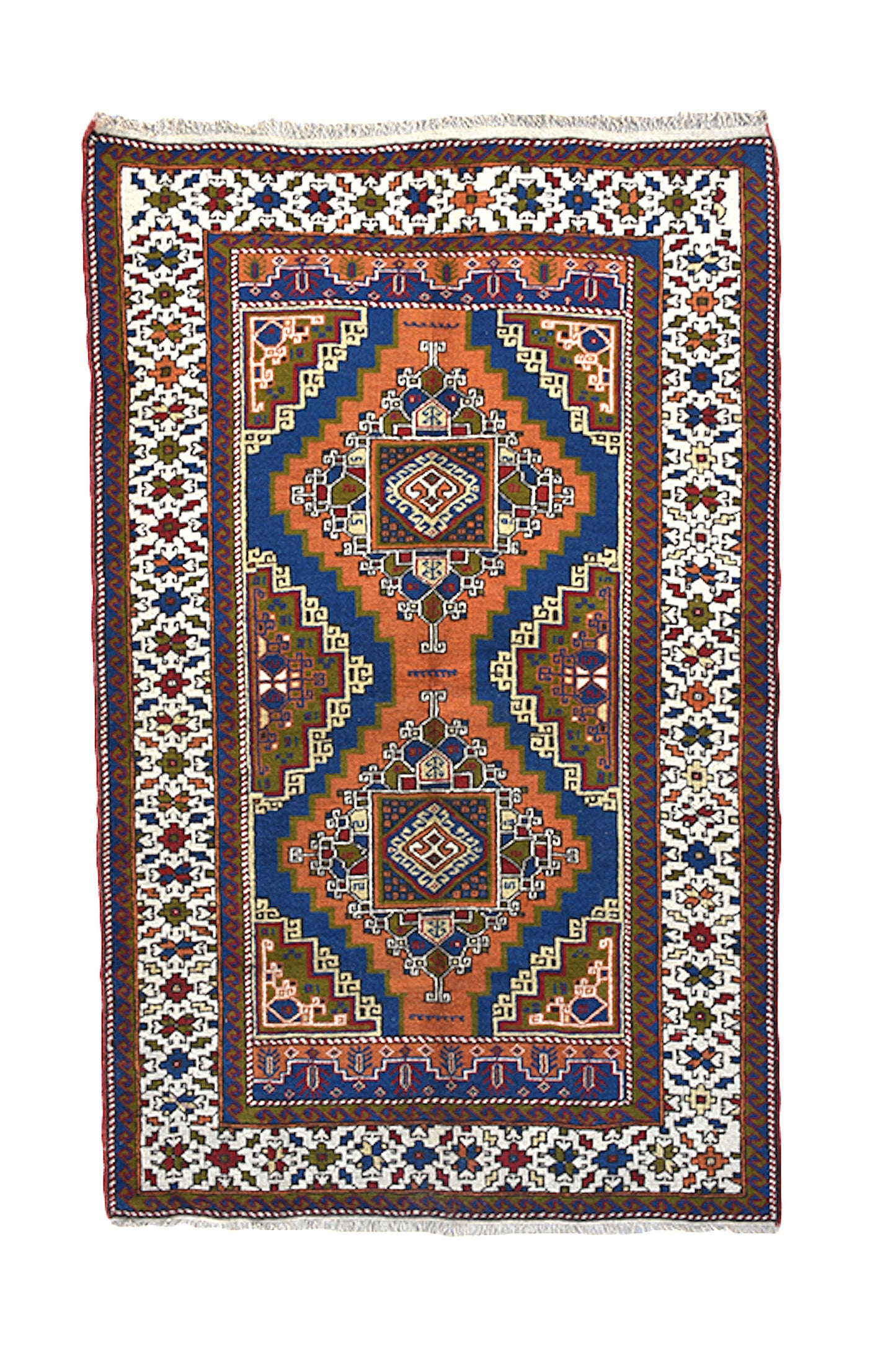 Turkish 4 x 6 Vintage Orange Blue Rug | Hand Woven Area Rug | Oriental Persian Rug | Entryway Rustic Rug | Accent Geometric Pattern Wool Rug