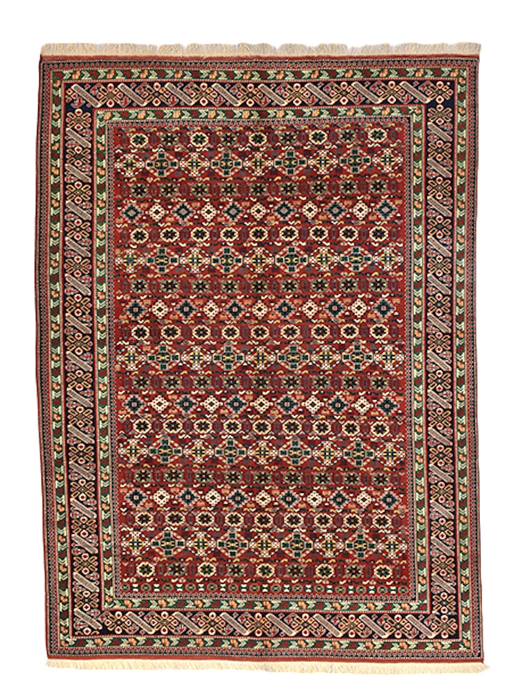 7 x 10 Red Large Turkish Vintage Rug | Handmade Area Rug | Oriental Rug with Black & Green Floral Pattern | Living Room Geometric Wool