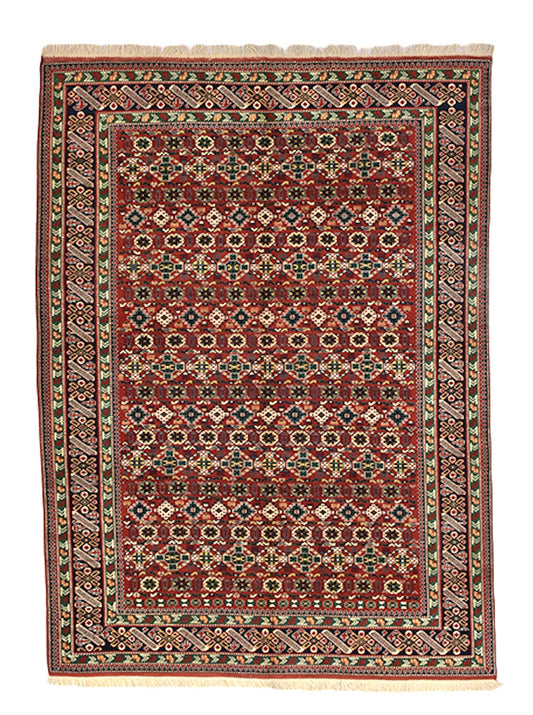 7 x 10 Red Large Turkish Vintage Rug | Handmade Area Rug | Oriental Rug with Black & Green Floral Pattern | Living Room Geometric Wool