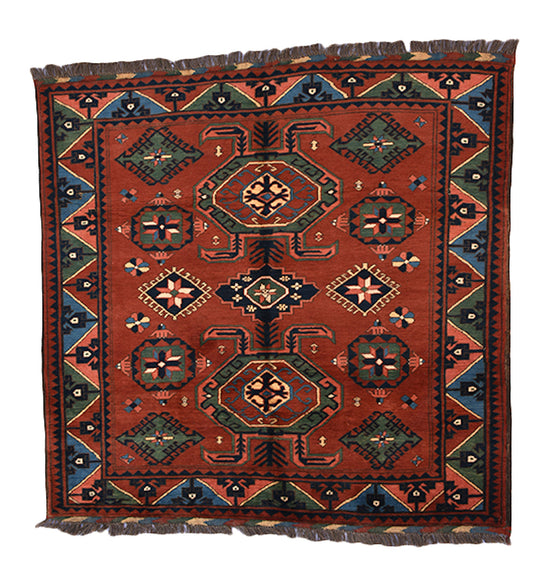 Square Red Green Turkish Area Rug | 5 x 5 Dark Colored Handmade Area Rug | Geometric Tribal Patterns | Flatweave Low Pile Rug | Wool Rugl