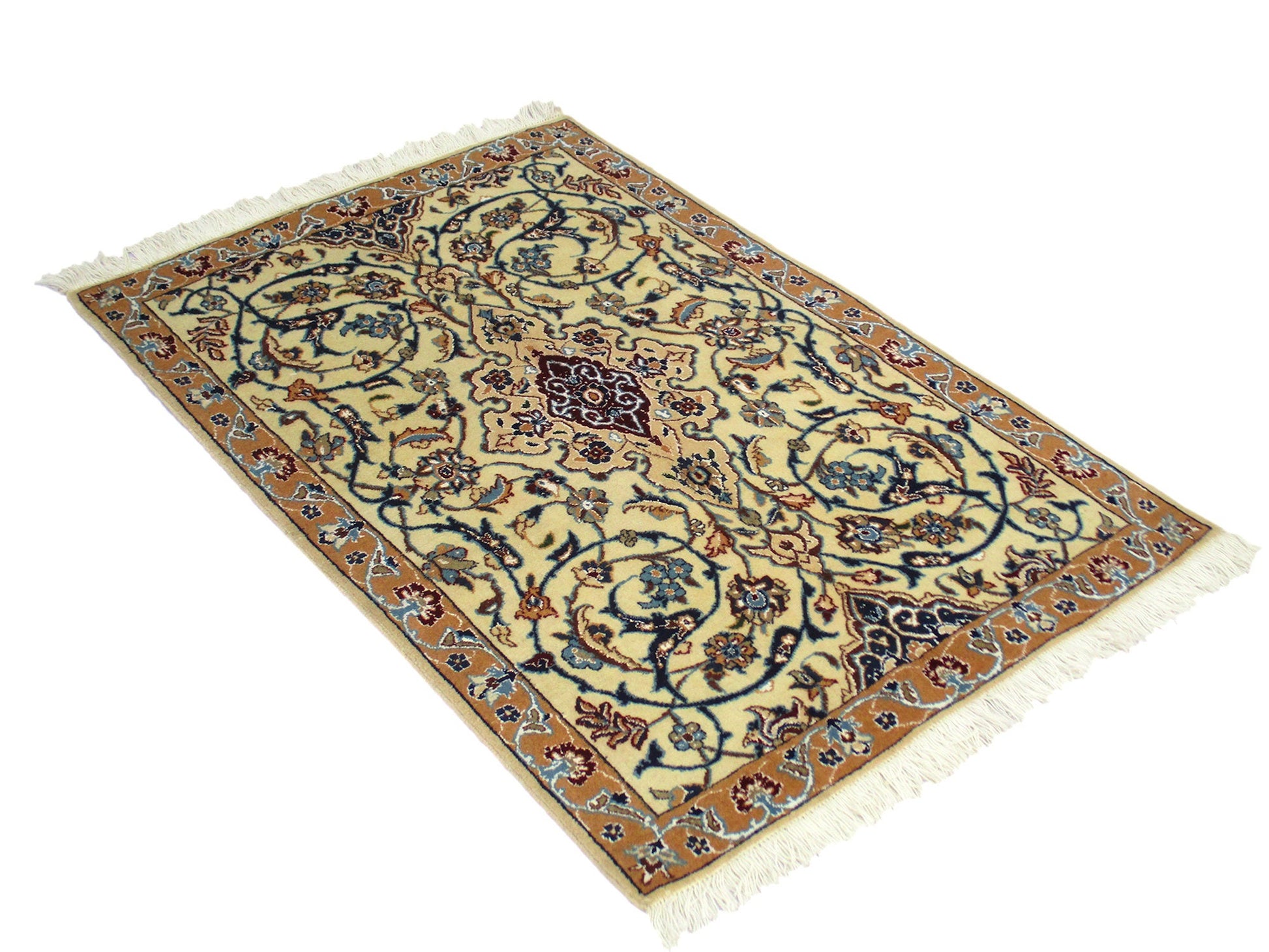 3 x 4 Feet Beige Blue Turkish Caucasian Rug | Hand Woven Area Rug | Oriental Persian Rug | Living Room Rug | Accent Floral Pattern Wool Rug