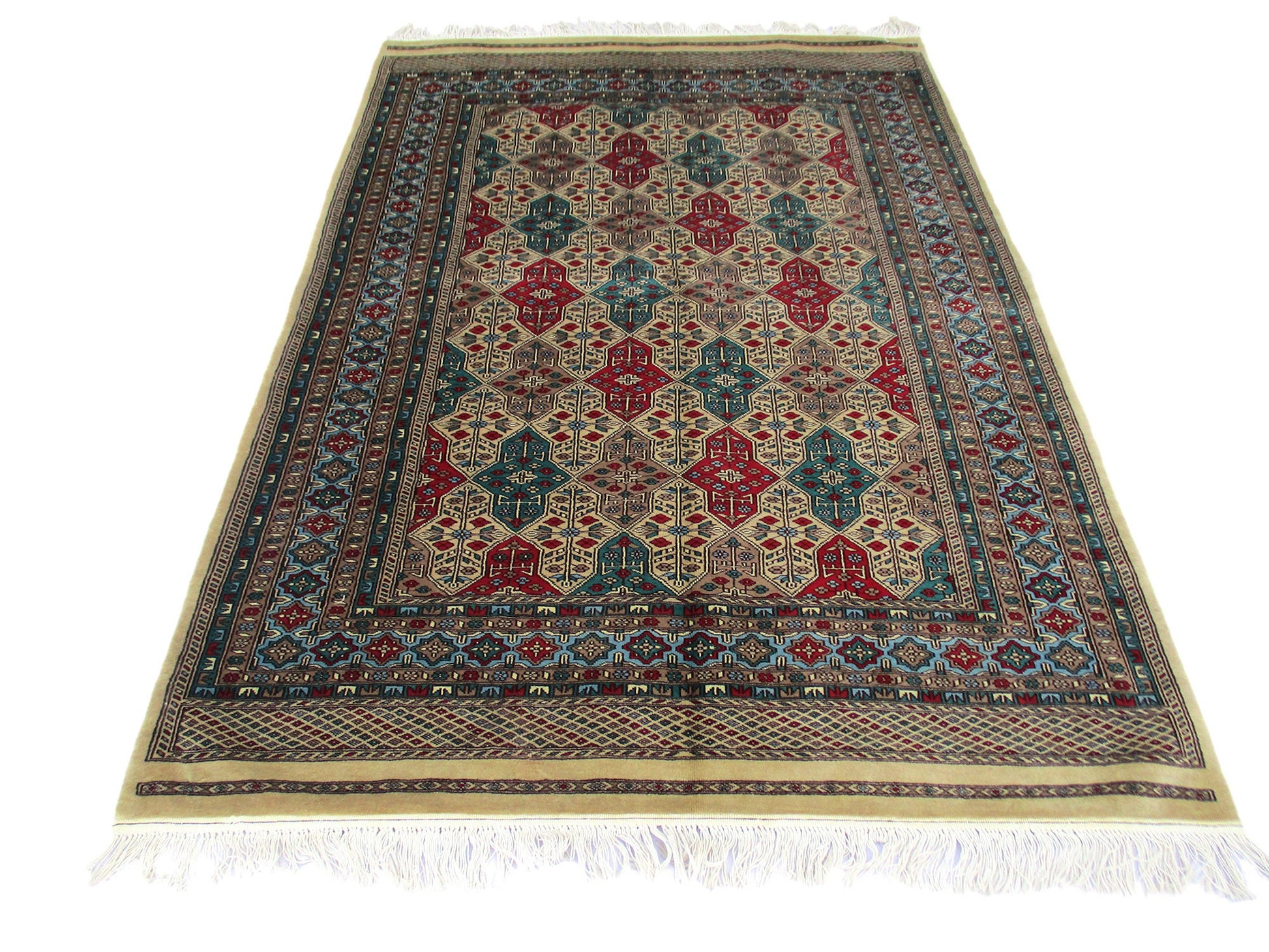 4 x 7 Feet Multi Color Turkish Caucasian Rug | Hand Woven Wool & Silk | Oriental Persian Pattern With Thick Blue Red Green Border Soft Pile
