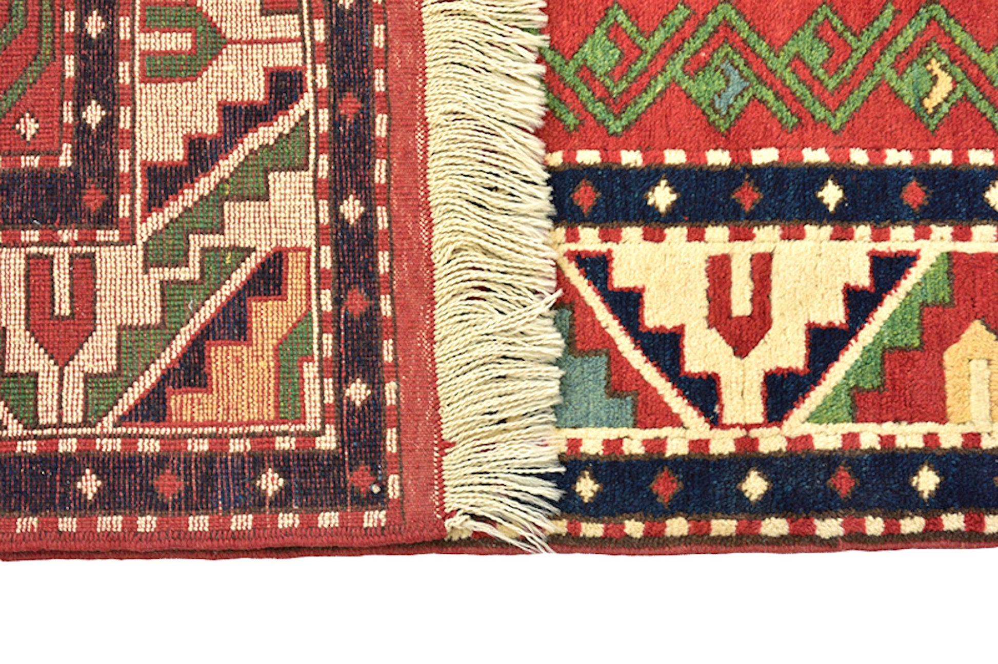 Red Southwestern 6x9 Turkish Kazak Rug | Geometric Tribal Design | Bright Red with Beige Green Medallions | Hand Knotted Antique Wool Rug