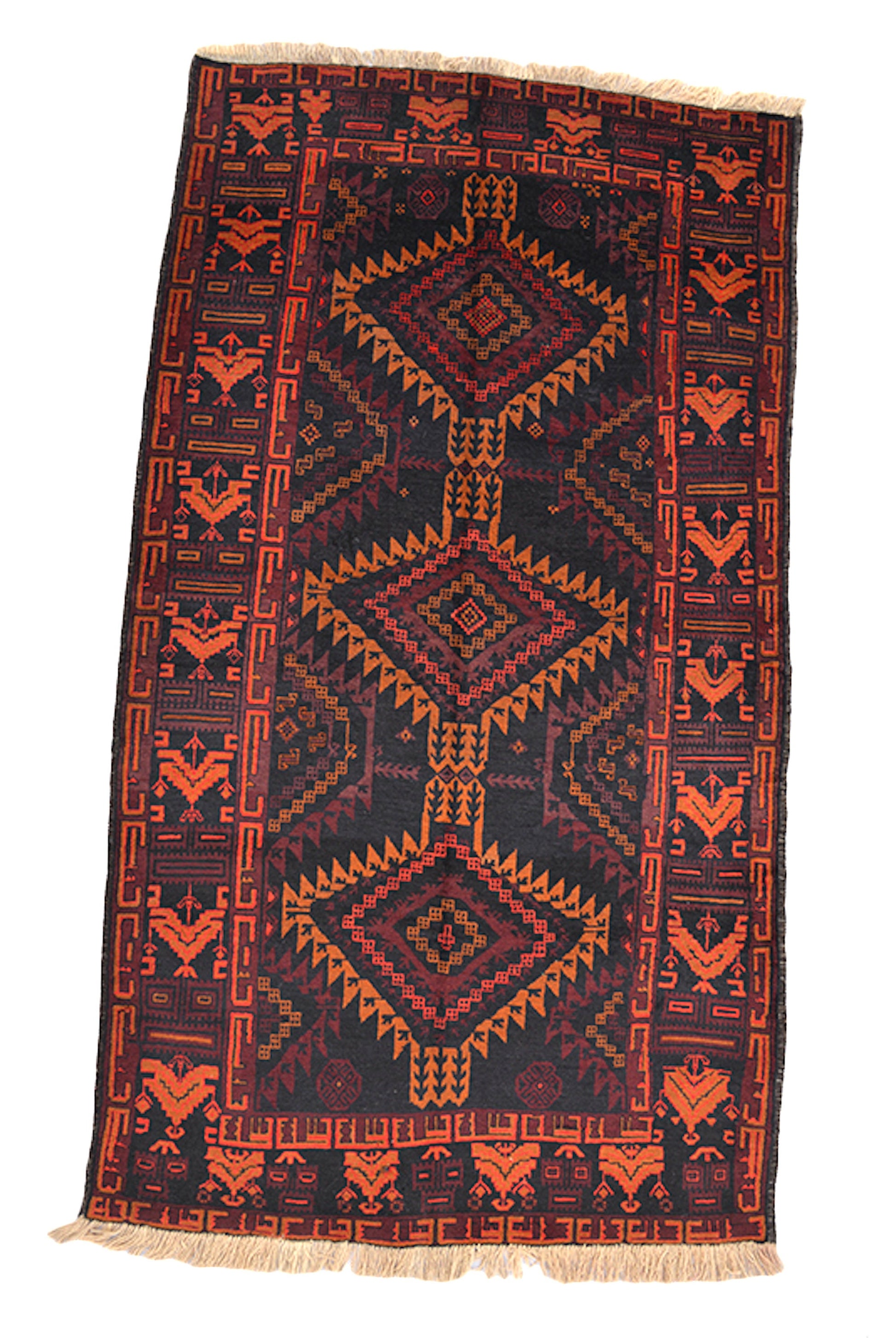 Black Handmade Rug | Wool Rug | 4 x 7 Rug | Orange Black Rug | Geometric Tribal Rug | Vintage Afghan Rug