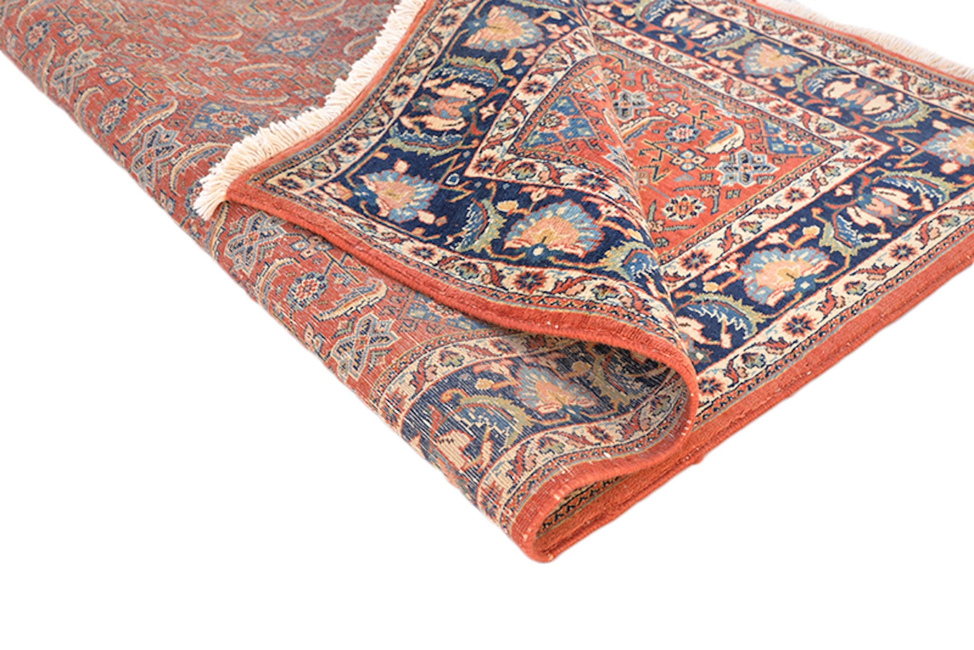 Rusted Orange Handmade Rug 3 x 4 with Dark Navy Border | Wool Low Pile Vintage Area Rug for Kitchen or Entryway | Blue Geometric Accents