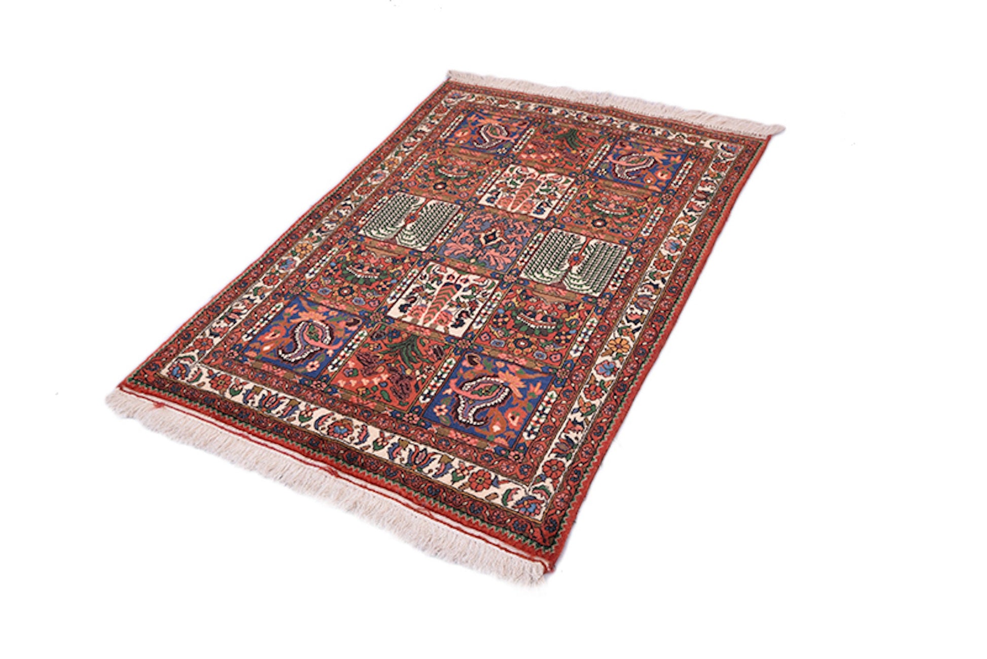 Orange Navy 3x5 Persian Style Area Rug | Bright Coral Pink Accent Details | Grid Style Design | Hand Knotted Wool Vintage Rug | Antique