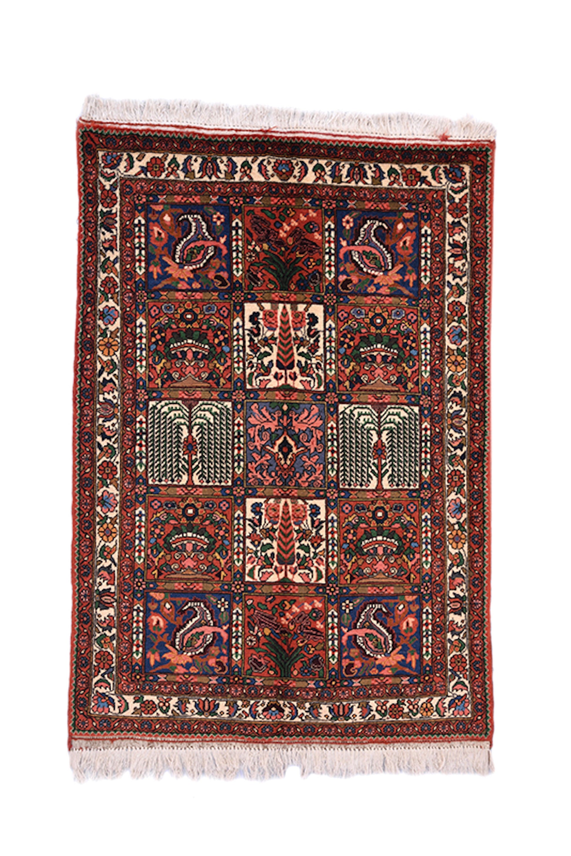 Orange Navy 3x5 Persian Style Area Rug | Bright Coral Pink Accent Details | Grid Style Design | Hand Knotted Wool Vintage Rug | Antique