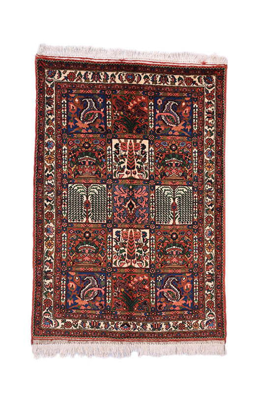 Orange Navy 3x5 Persian Style Area Rug | Bright Coral Pink Accent Details | Grid Style Design | Hand Knotted Wool Vintage Rug | Antique