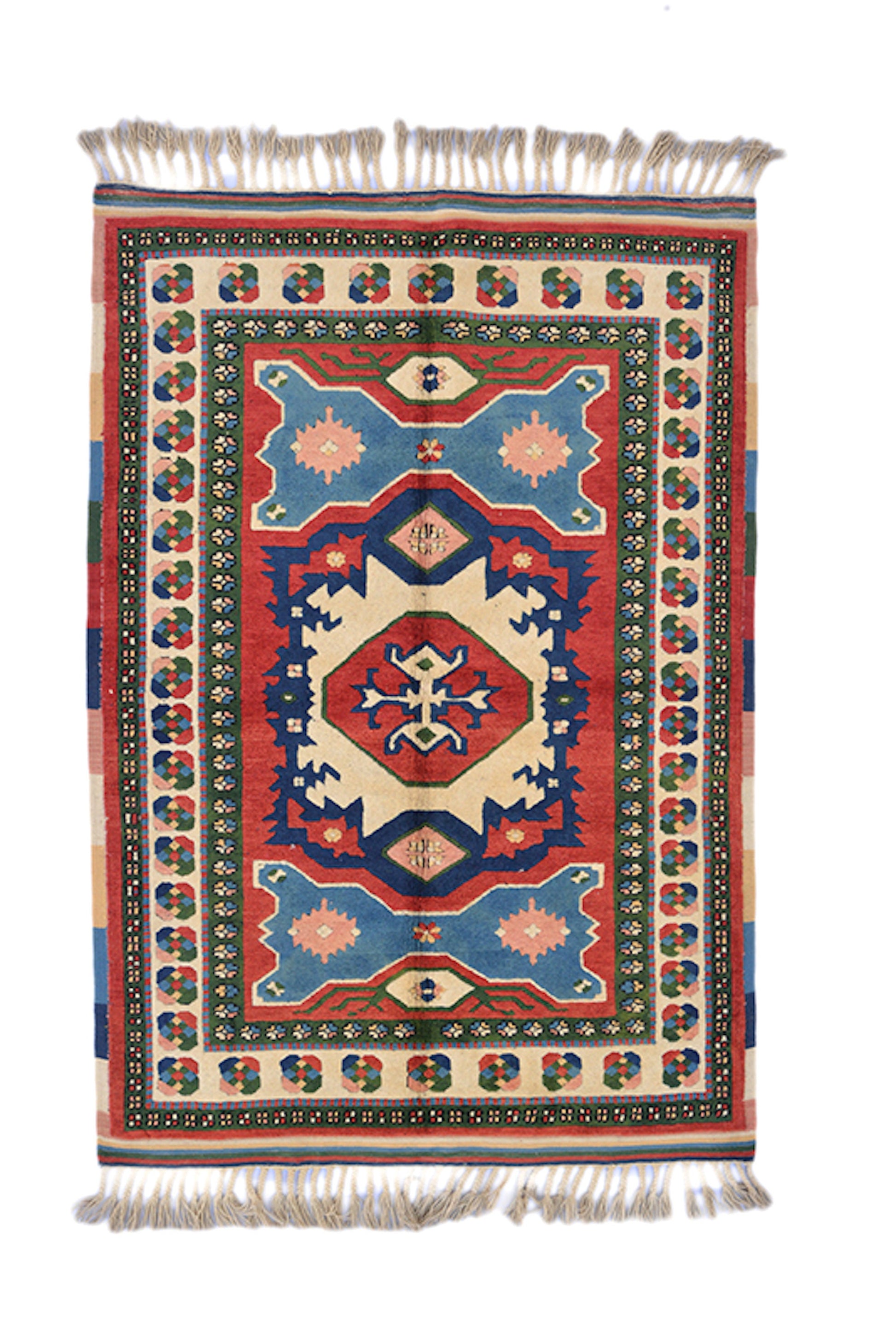 Colorful 3x5 Turkish Kazak Rug | Geometric Tribal Pattern | Red Blue Green Area Rug | Entryway Small Rug | Wool Hand knotted