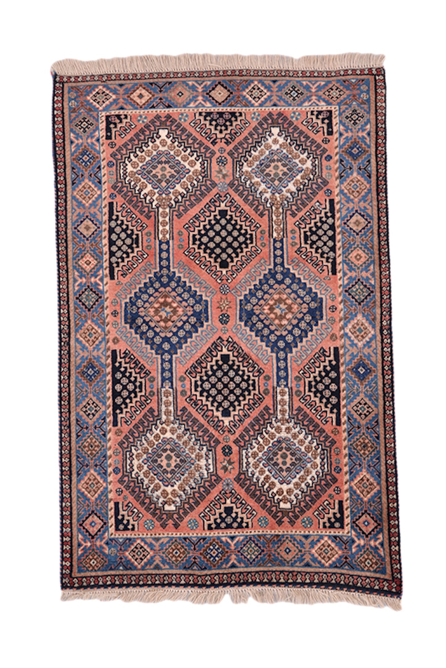 Pink Blue Hand Knotted 3x4 Rug | Geometric Tribal Medallion Rug | Border made of Small Medallions | Wool Antique Vintage Rug
