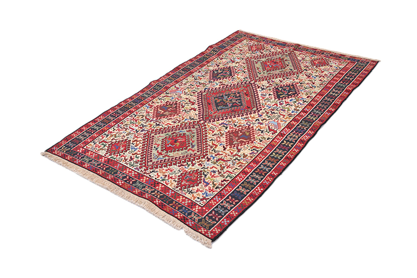 4 x 6 Kilim Flatweave Vintage Area Rug | Turkish Colorful Hand Woven Area Rug with Diamond Pattern and Bright Red Accent Color