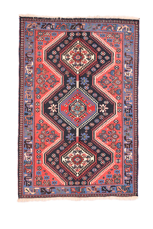 3 x 4 Bright Coral and Blue Tribal Rug with Diamond Medallion Pattern | Caucasian Accent Rug for Rustic Home Style