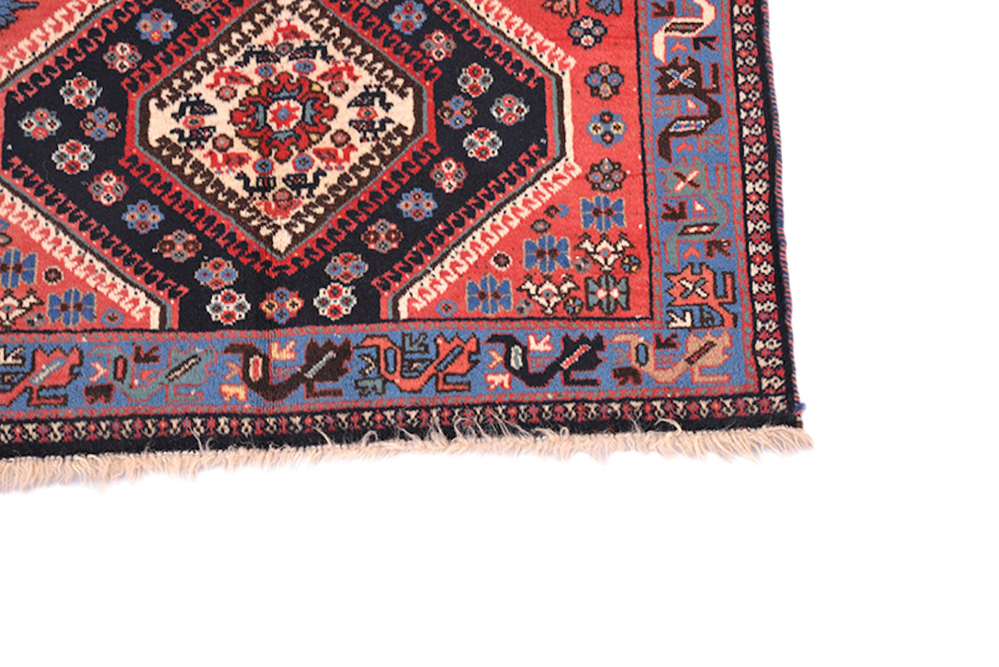3 x 4 Bright Coral and Blue Tribal Rug with Diamond Medallion Pattern | Caucasian Accent Rug for Rustic Home Style
