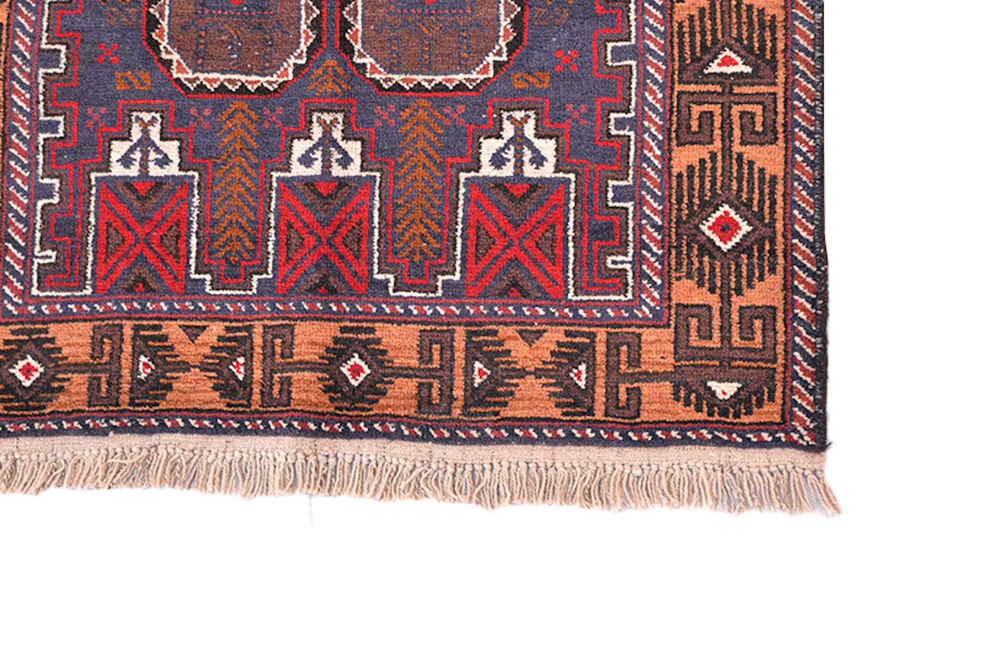 3 x 5 Dark Vintage Rug with Red Navy Geometric Background and Orange Navy Tribal Border | Wool Soft Low Pile Rustic Home Rug