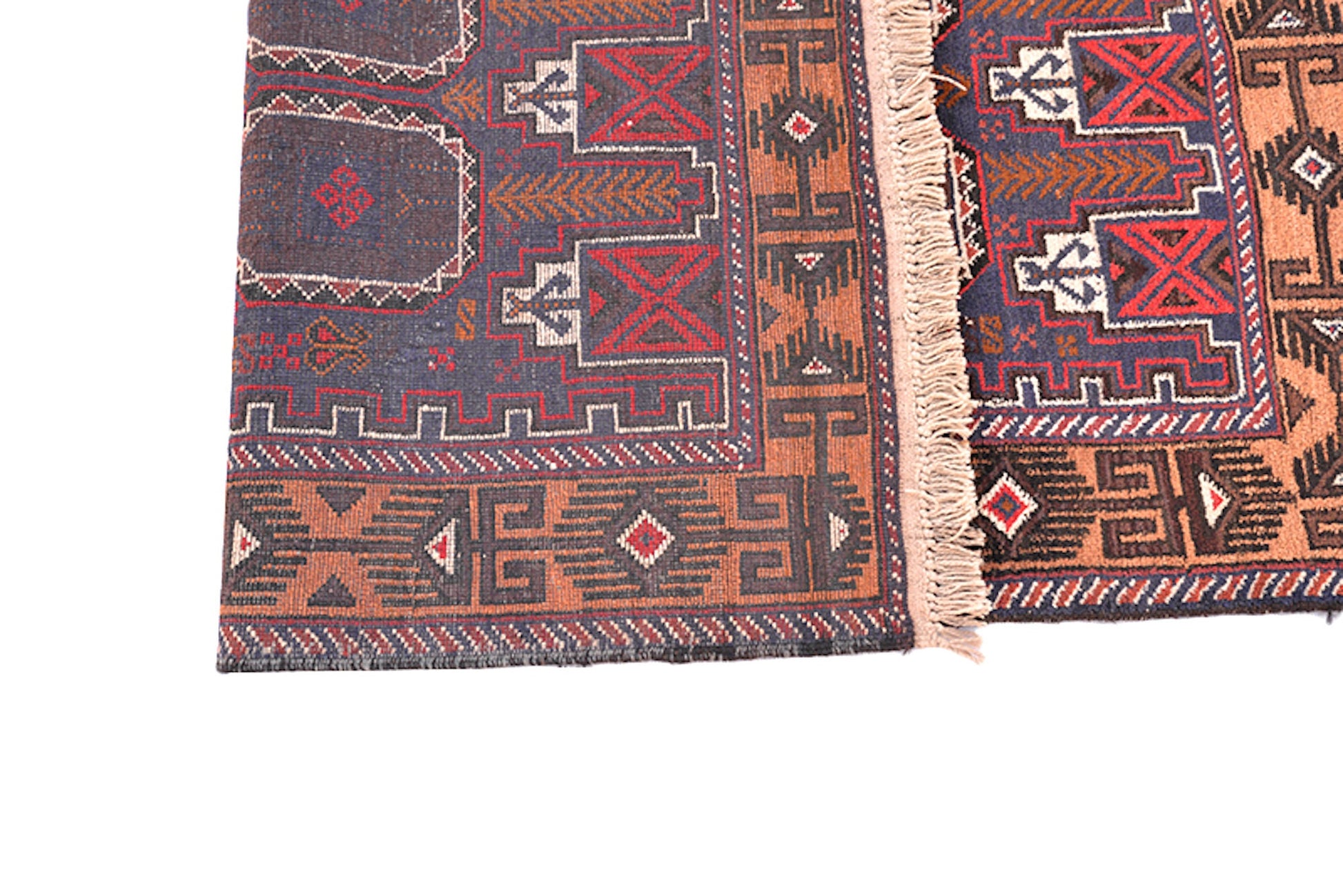 3 x 5 Dark Vintage Rug with Red Navy Geometric Background and Orange Navy Tribal Border | Wool Soft Low Pile Rustic Home Rug