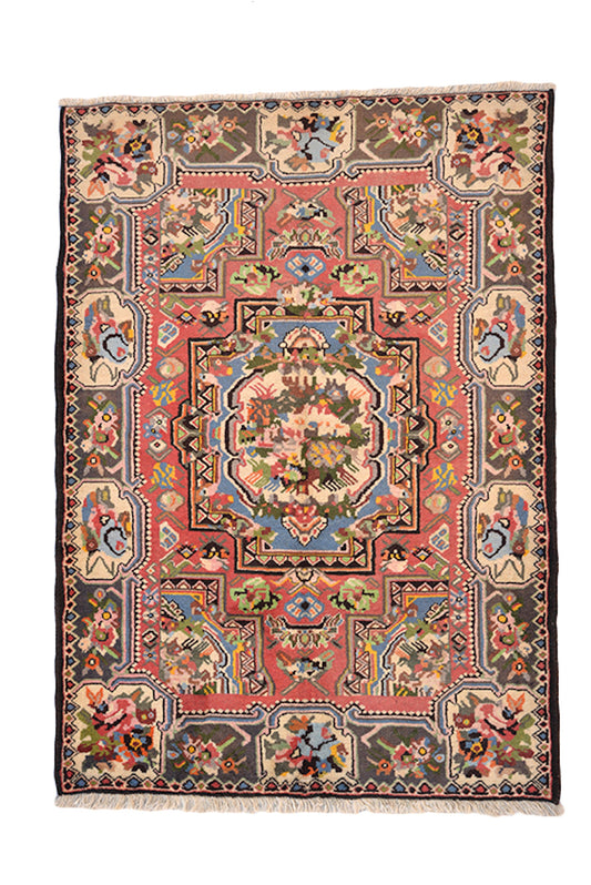 Vintage Floral Rug 4x5 Pink and Brown | Colorful Antique Caucasian Rug | Oriental Border with Accents of Blue